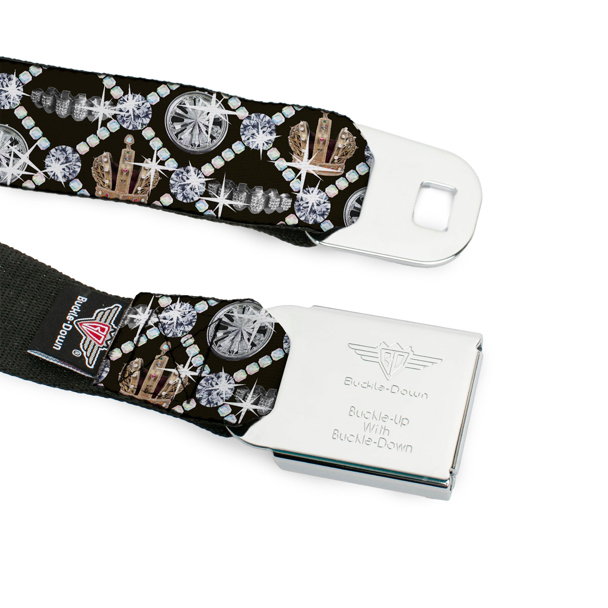 BD Wings Logo CLOSE-UP Full Color Black Silver Seatbelt Belt - Bling Webbing Seatbelt Belts Buckle-Down
