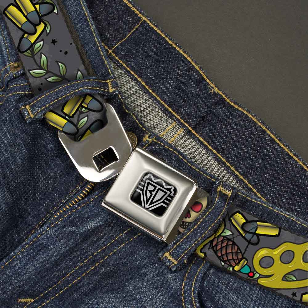 BD Wings Logo CLOSE-UP Full Color Black Silver Seatbelt Belt - Born to Raise Hell Gray Webbing Seatbelt Belts Buckle-Down