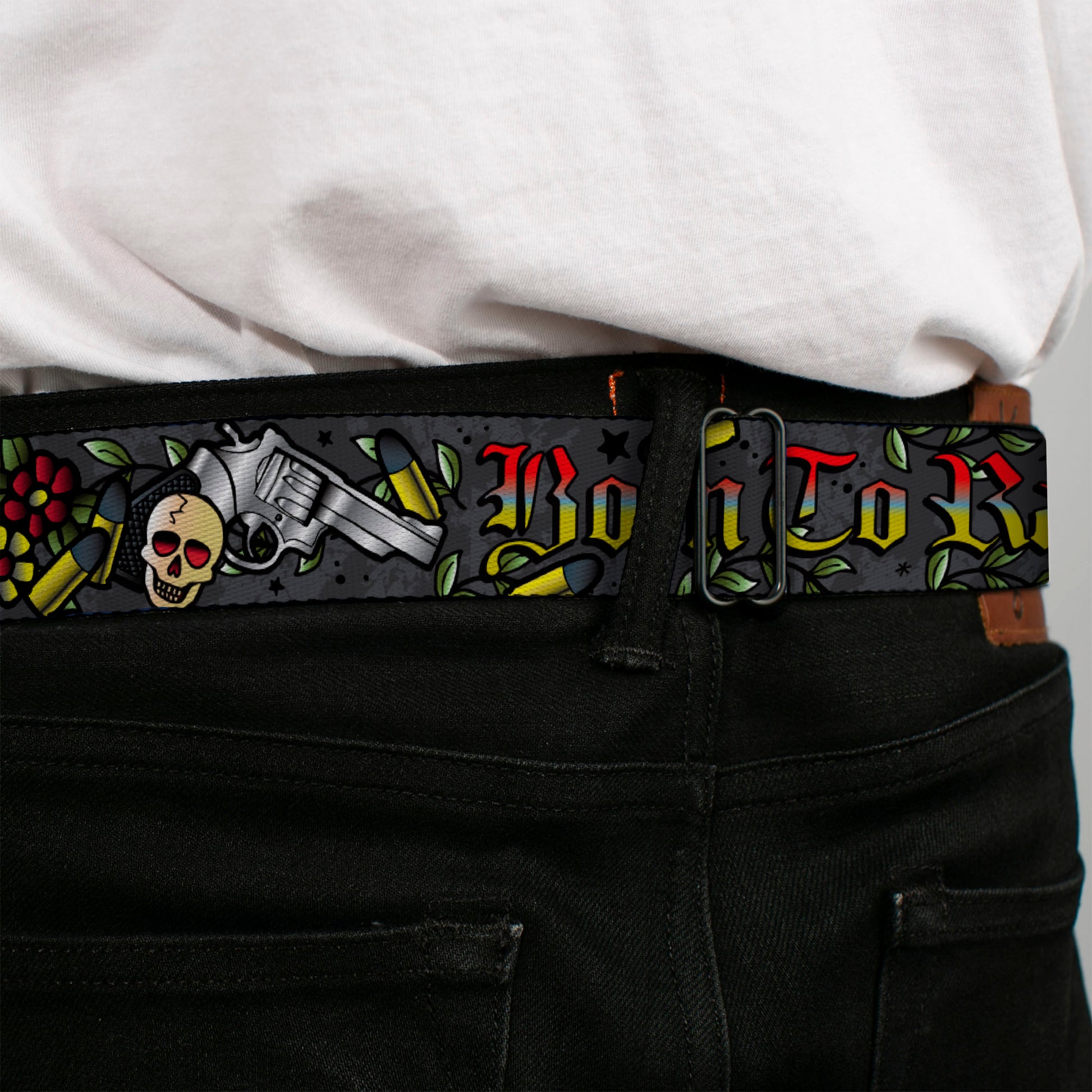 BD Wings Logo CLOSE-UP Full Color Black Silver Seatbelt Belt - Born to Raise Hell Gray Webbing Seatbelt Belts Buckle-Down