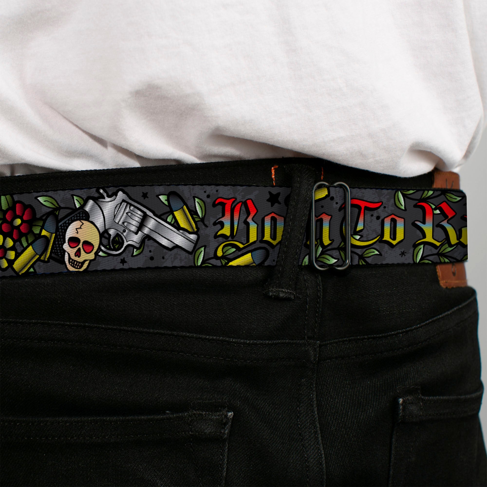 BD Wings Logo CLOSE-UP Full Color Black Silver Seatbelt Belt - Born to Raise Hell Gray Webbing Seatbelt Belts Buckle-Down