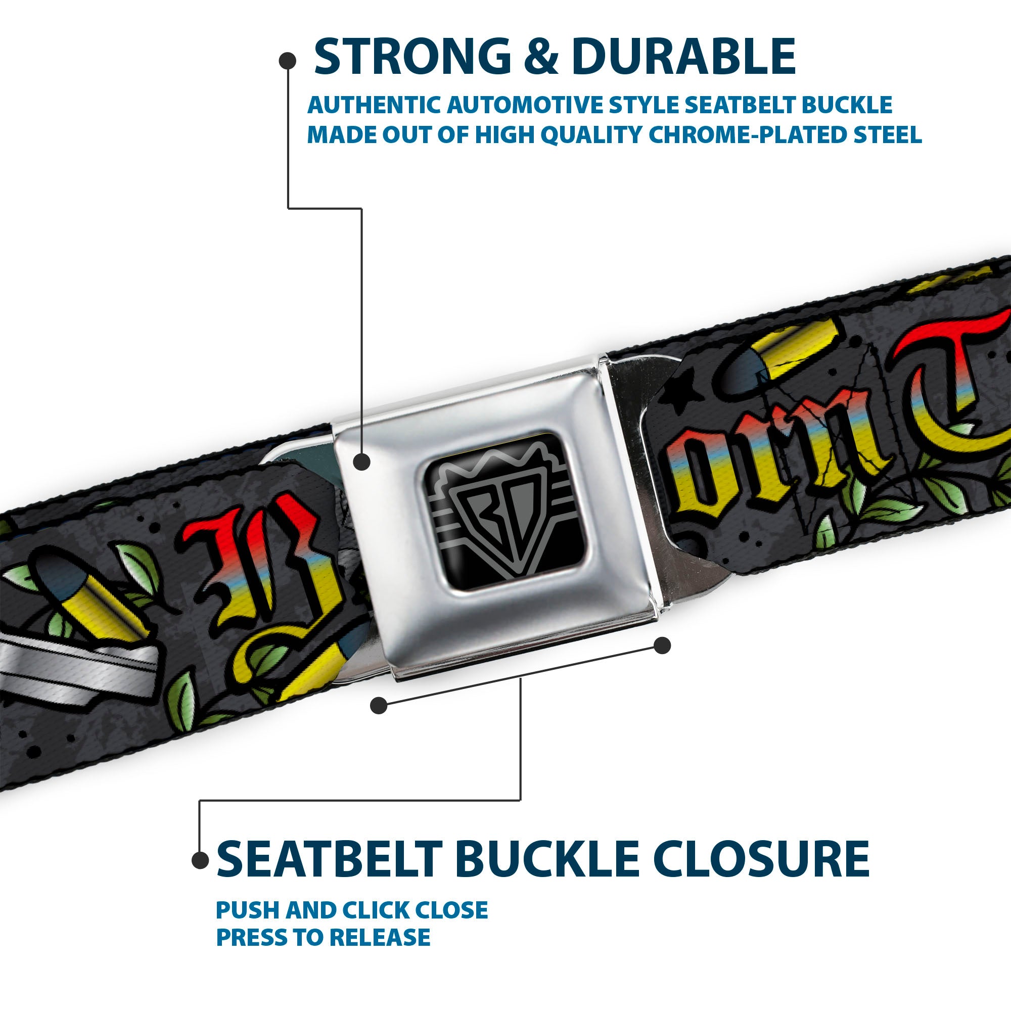 BD Wings Logo CLOSE-UP Full Color Black Silver Seatbelt Belt - Born to Raise Hell Gray Webbing Seatbelt Belts Buckle-Down