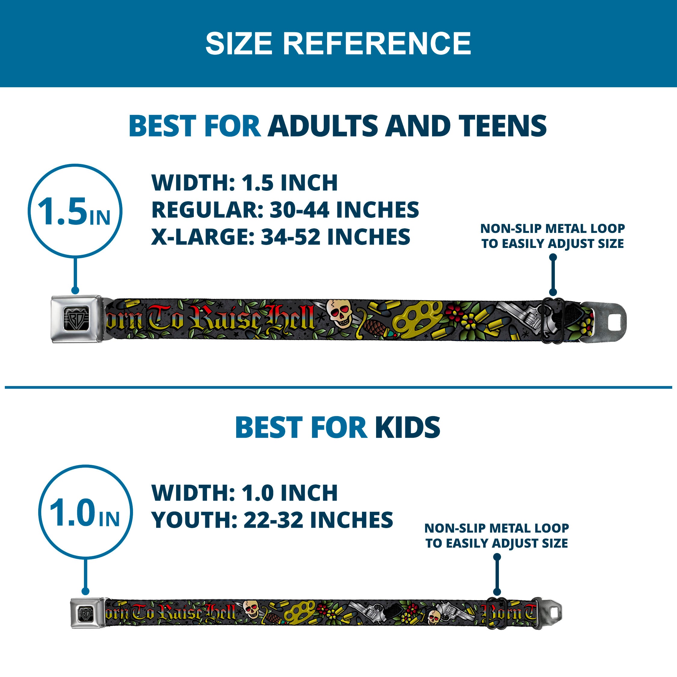 BD Wings Logo CLOSE-UP Full Color Black Silver Seatbelt Belt - Born to Raise Hell Gray Webbing Seatbelt Belts Buckle-Down