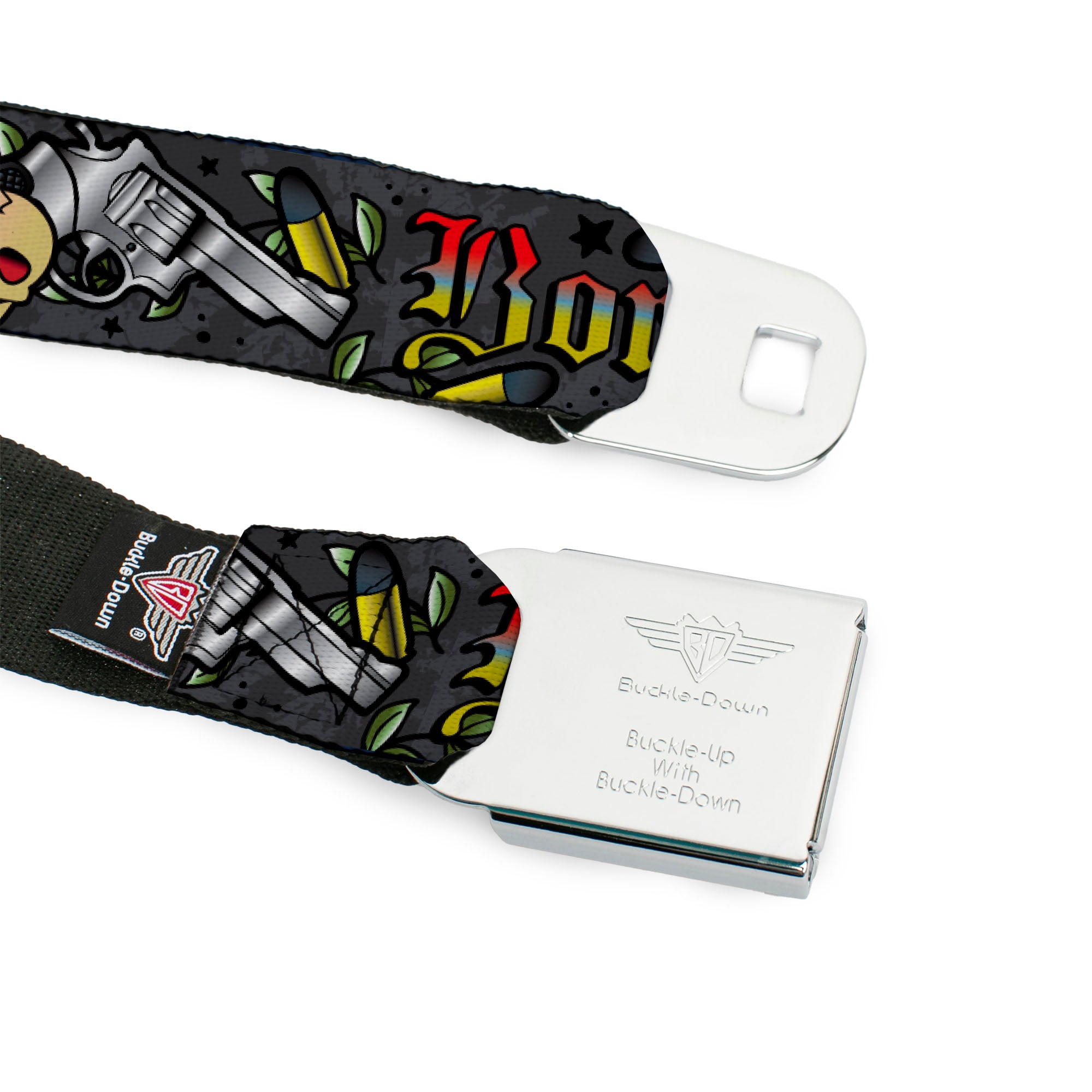 BD Wings Logo CLOSE-UP Full Color Black Silver Seatbelt Belt - Born to Raise Hell Gray Webbing Seatbelt Belts Buckle-Down