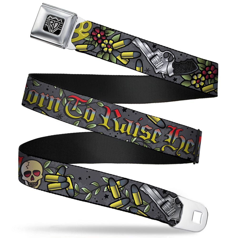 BD Wings Logo CLOSE-UP Full Color Black Silver Seatbelt Belt - Born to Raise Hell Gray Webbing Seatbelt Belts Buckle-Down