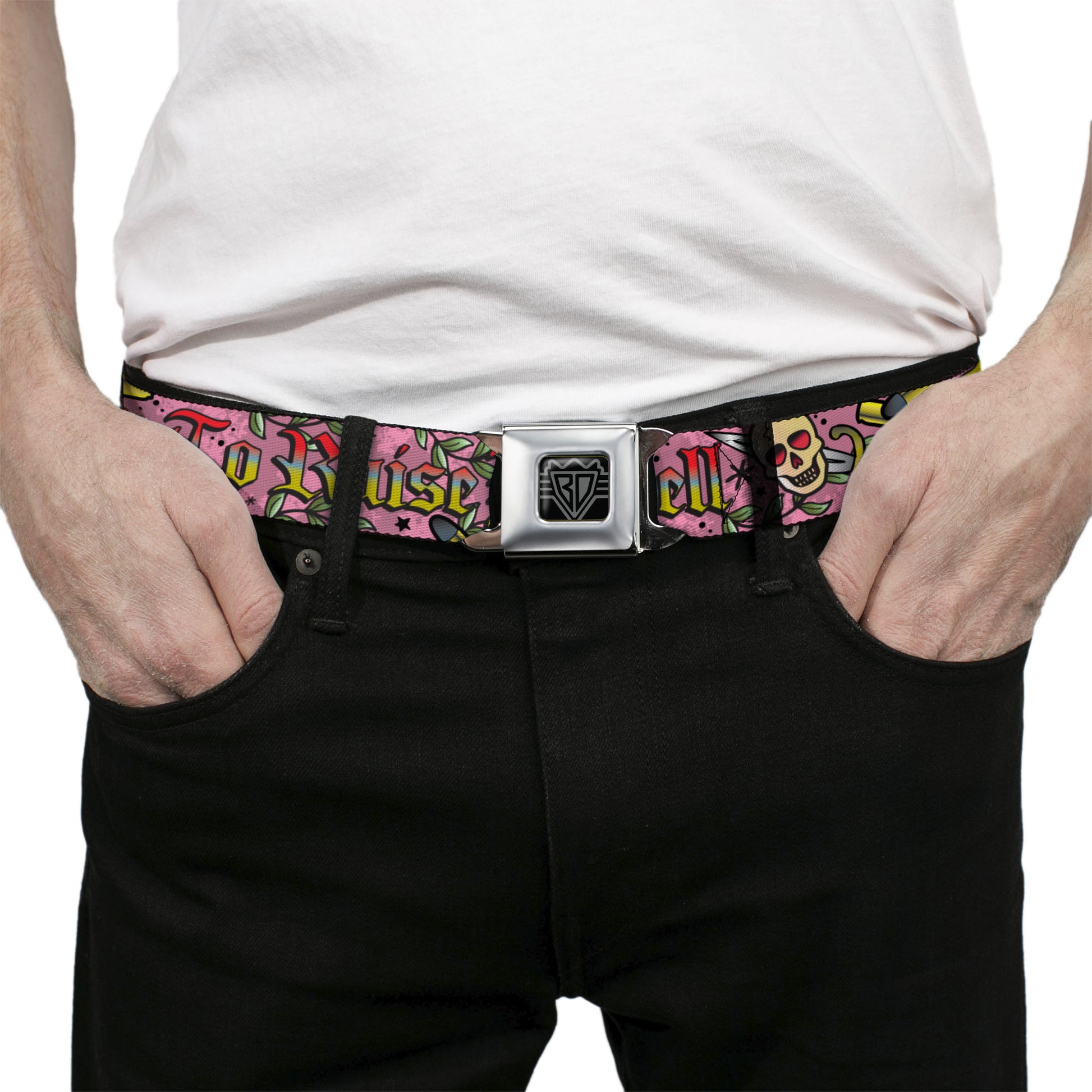 BD Wings Logo CLOSE-UP Full Color Black Silver Seatbelt Belt - Born to Raise Hell Pink Webbing Seatbelt Belts Buckle-Down