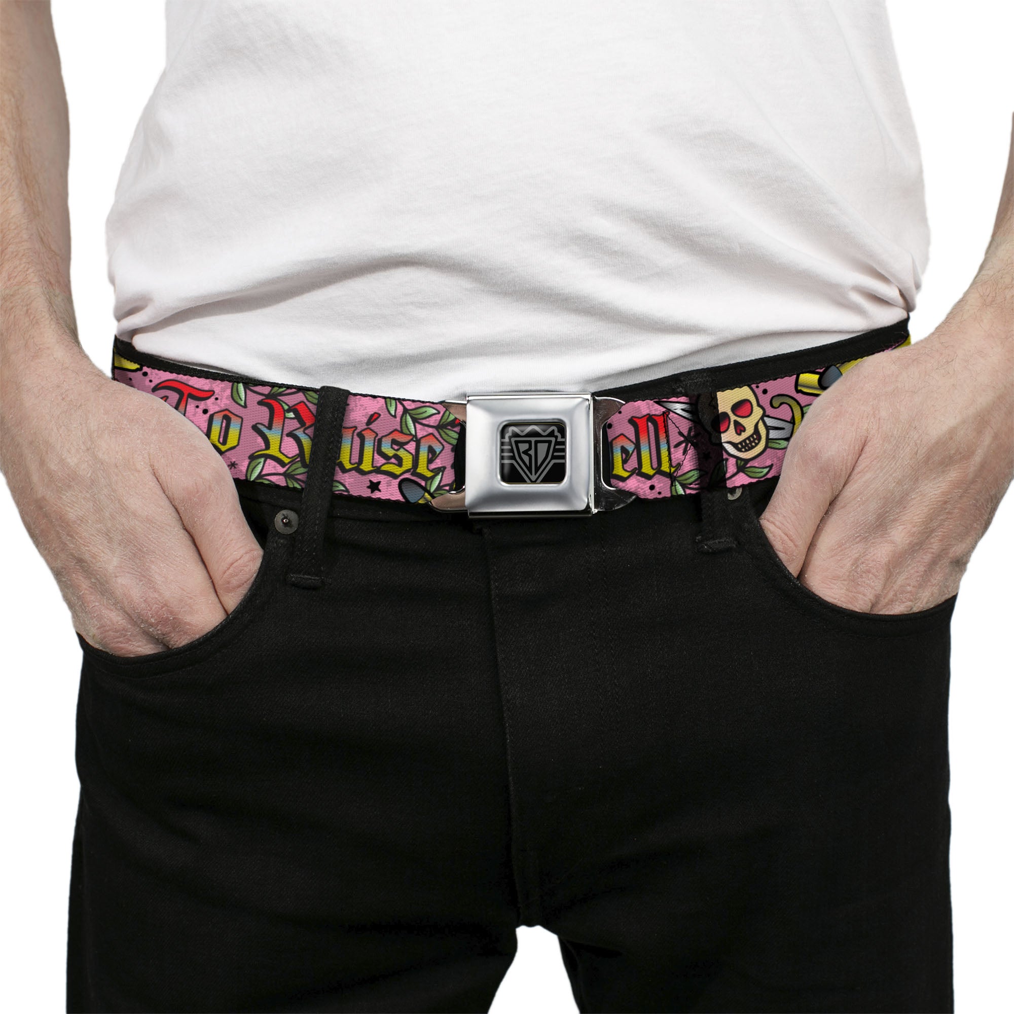 BD Wings Logo CLOSE-UP Full Color Black Silver Seatbelt Belt - Born to Raise Hell Pink Webbing Seatbelt Belts Buckle-Down
