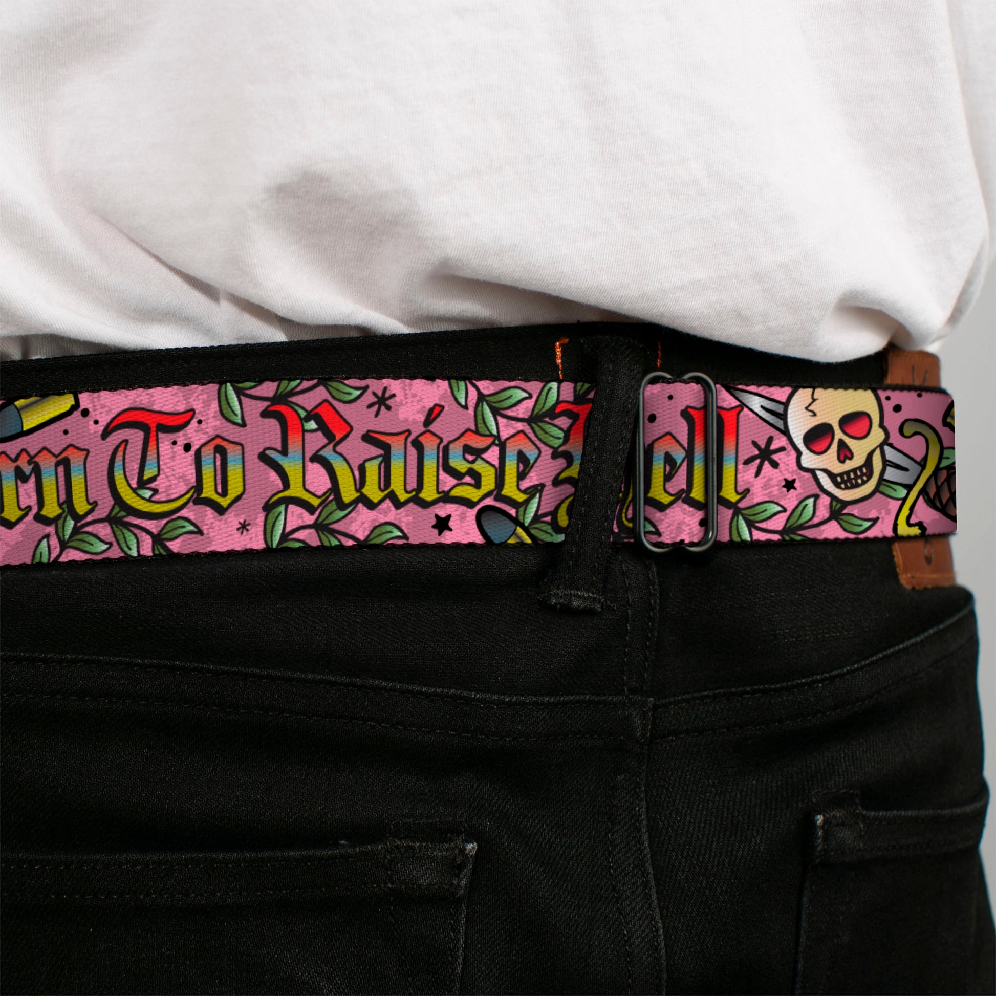 BD Wings Logo CLOSE-UP Full Color Black Silver Seatbelt Belt - Born to Raise Hell Pink Webbing Seatbelt Belts Buckle-Down