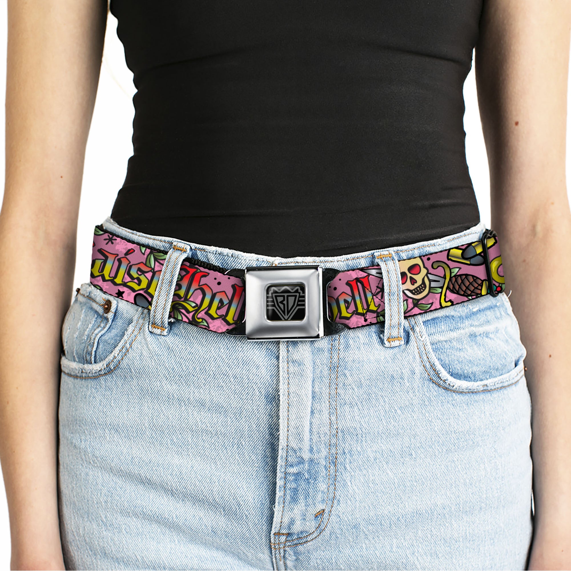 BD Wings Logo CLOSE-UP Full Color Black Silver Seatbelt Belt - Born to Raise Hell Pink Webbing Seatbelt Belts Buckle-Down