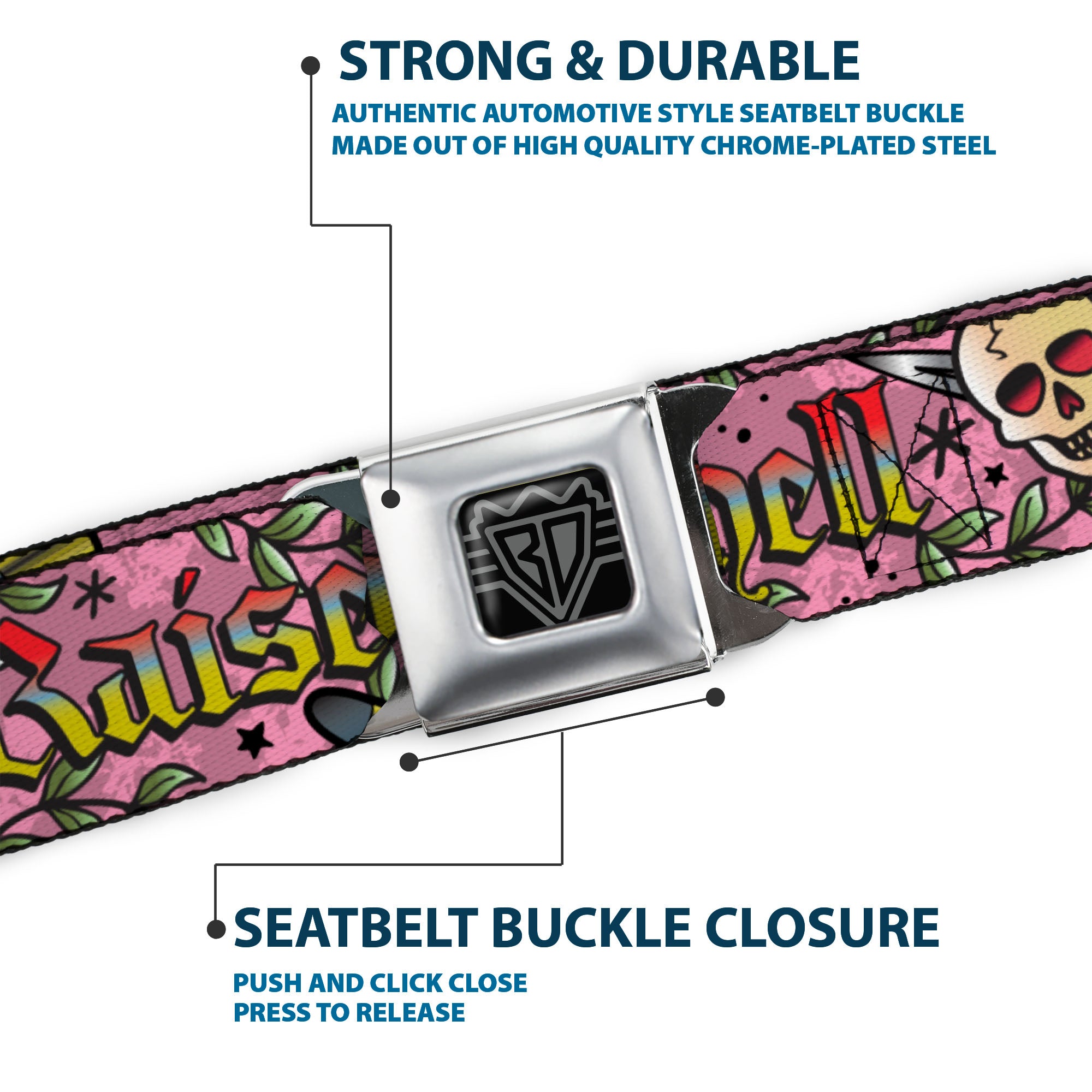 BD Wings Logo CLOSE-UP Full Color Black Silver Seatbelt Belt - Born to Raise Hell Pink Webbing Seatbelt Belts Buckle-Down
