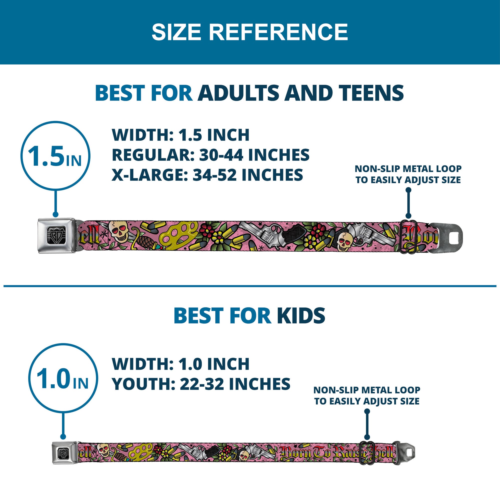 BD Wings Logo CLOSE-UP Full Color Black Silver Seatbelt Belt - Born to Raise Hell Pink Webbing Seatbelt Belts Buckle-Down