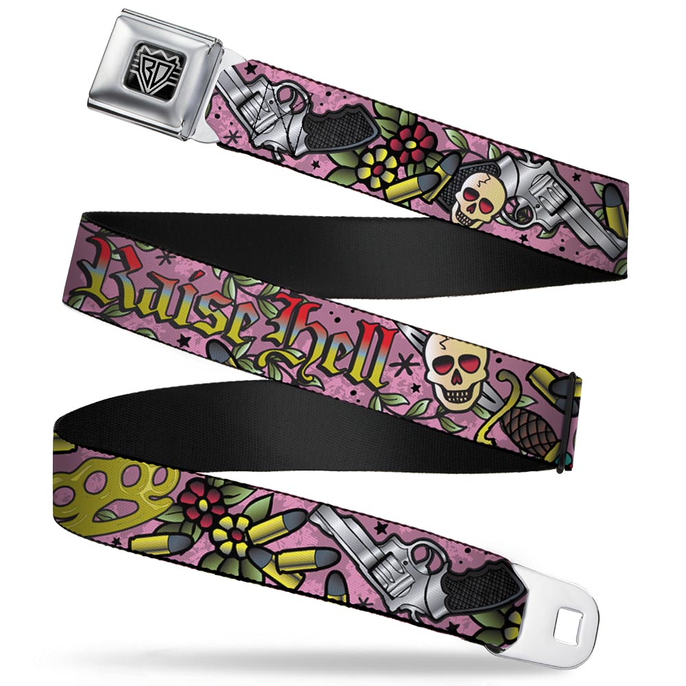 BD Wings Logo CLOSE-UP Full Color Black Silver Seatbelt Belt - Born to Raise Hell Pink Webbing Seatbelt Belts Buckle-Down
