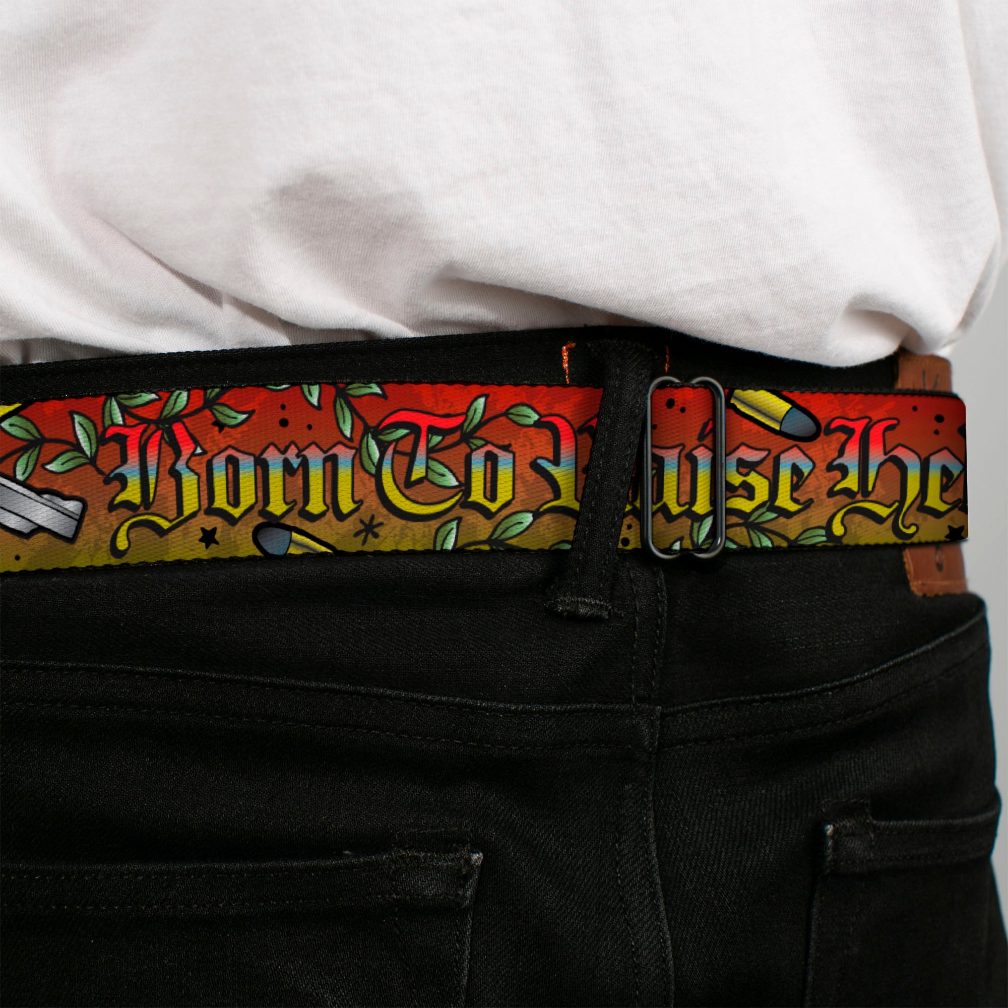 BD Wings Logo CLOSE-UP Full Color Black Silver Seatbelt Belt - Born to Raise Hell Red Webbing Seatbelt Belts Buckle-Down