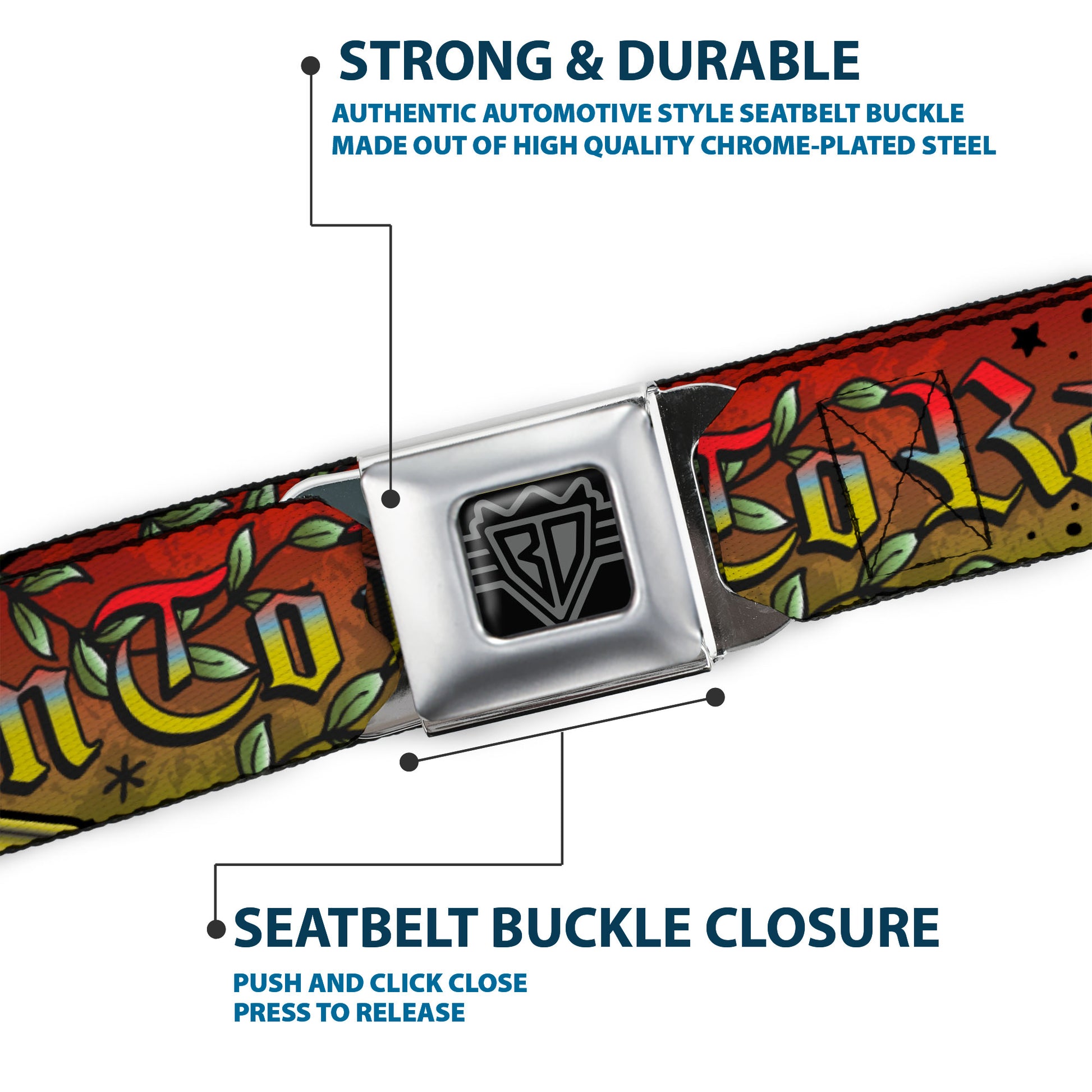 BD Wings Logo CLOSE-UP Full Color Black Silver Seatbelt Belt - Born to Raise Hell Red Webbing Seatbelt Belts Buckle-Down