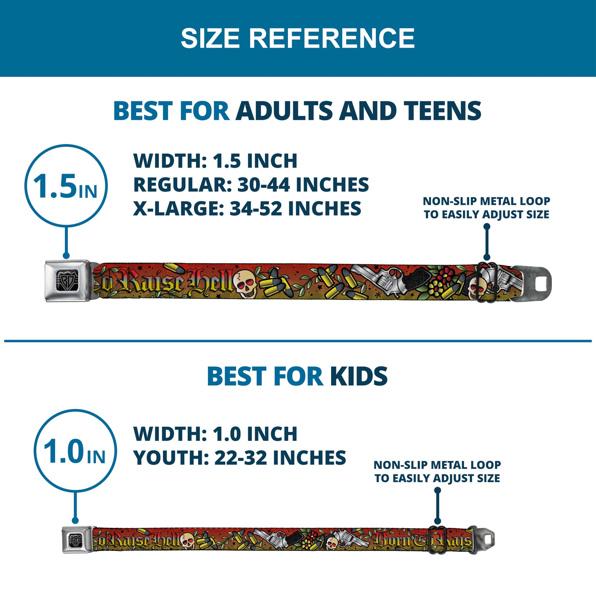 BD Wings Logo CLOSE-UP Full Color Black Silver Seatbelt Belt - Born to Raise Hell Red Webbing Seatbelt Belts Buckle-Down