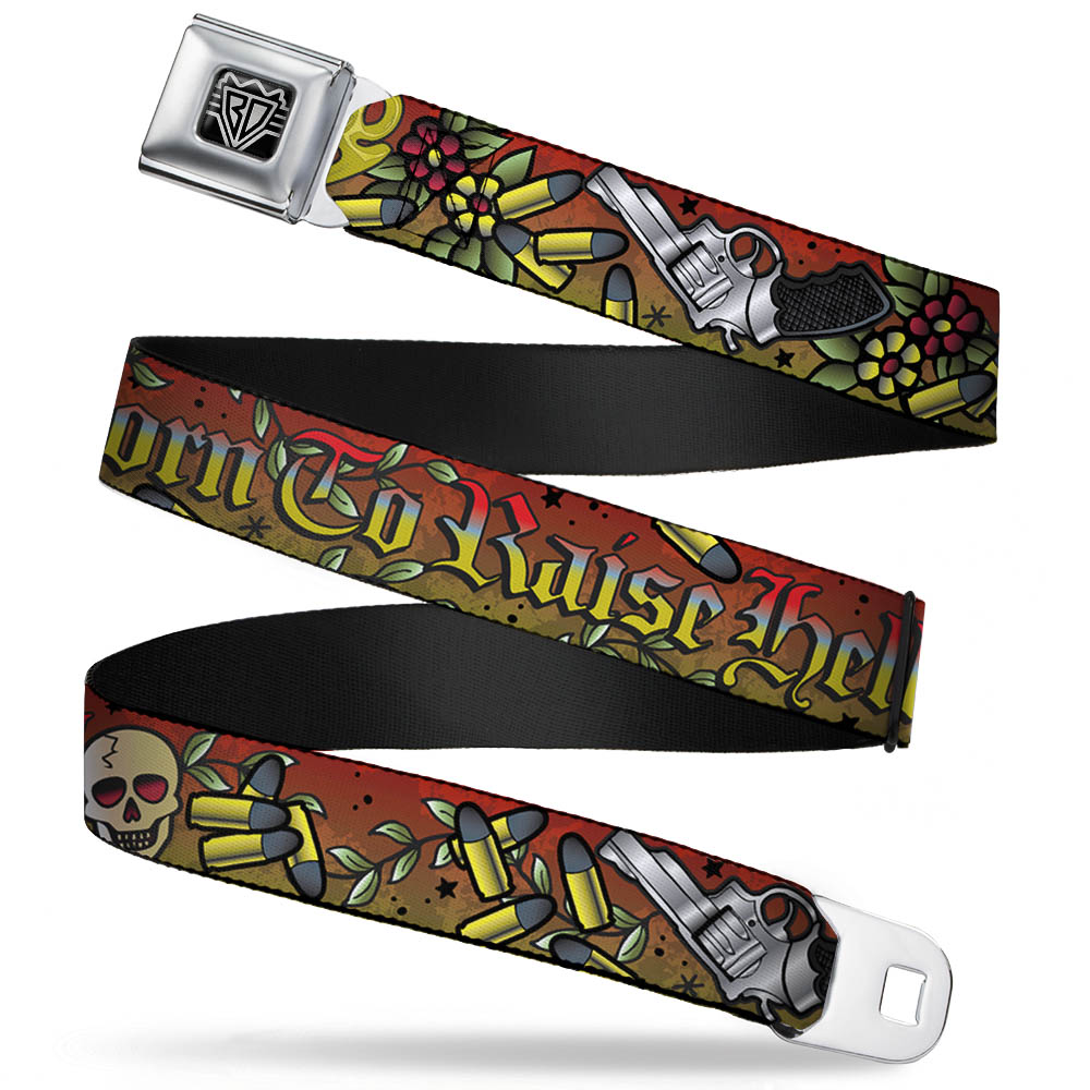 BD Wings Logo CLOSE-UP Full Color Black Silver Seatbelt Belt - Born to Raise Hell Red Webbing Seatbelt Belts Buckle-Down