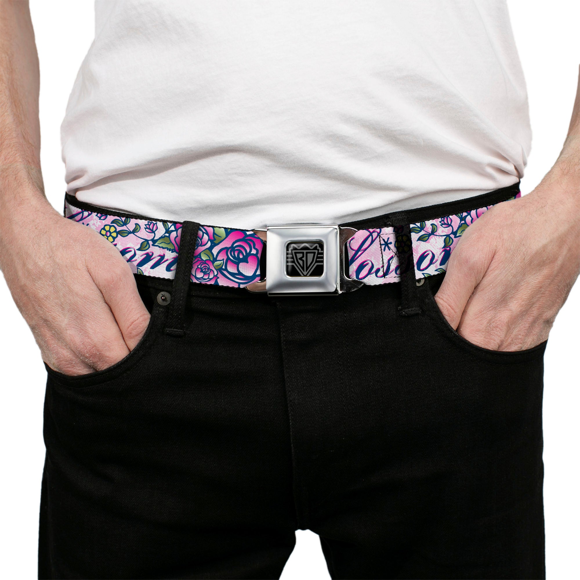BD Wings Logo CLOSE-UP Full Color Black Silver Seatbelt Belt - Born to Blossom Blue Webbing Seatbelt Belts Buckle-Down