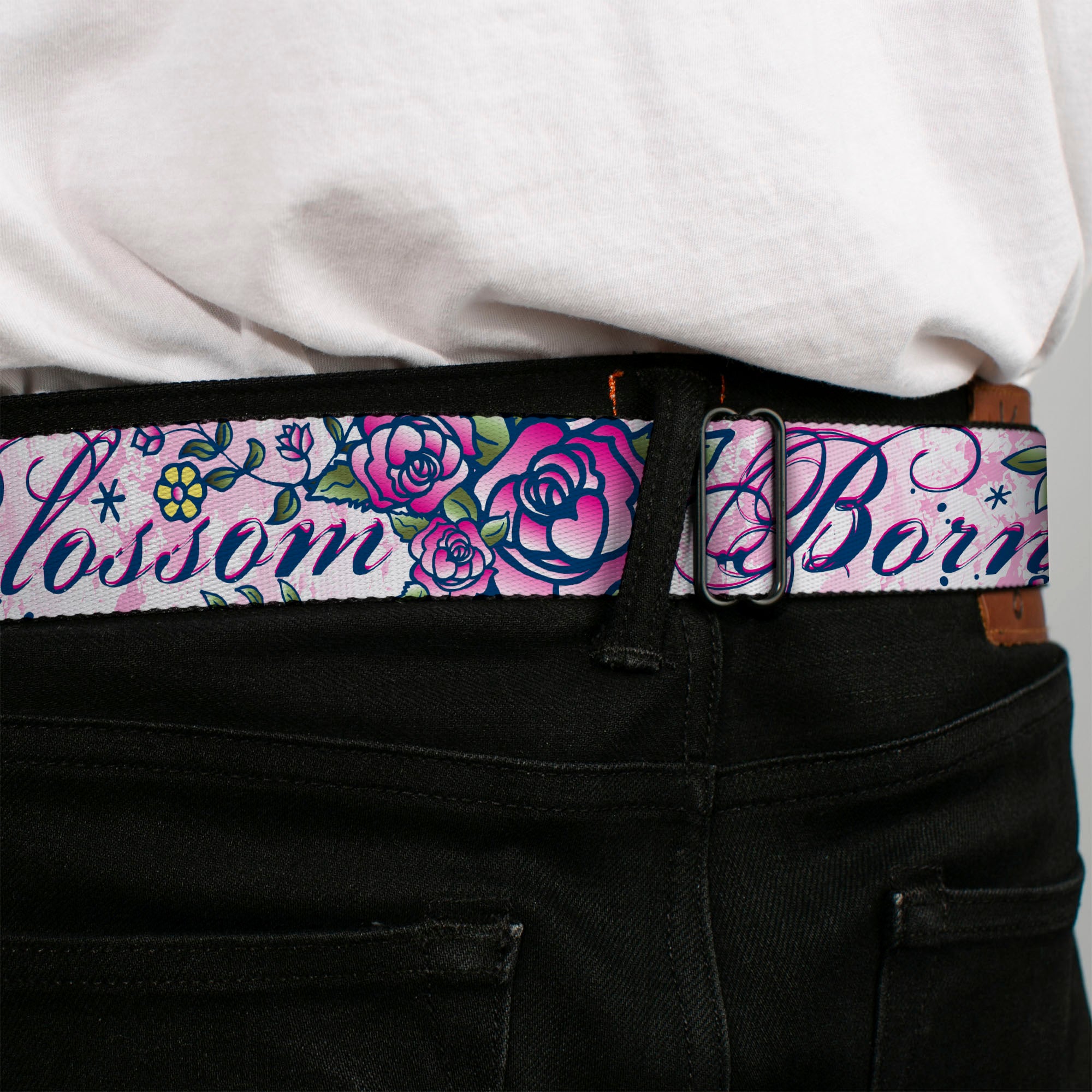 BD Wings Logo CLOSE-UP Full Color Black Silver Seatbelt Belt - Born to Blossom Blue Webbing Seatbelt Belts Buckle-Down