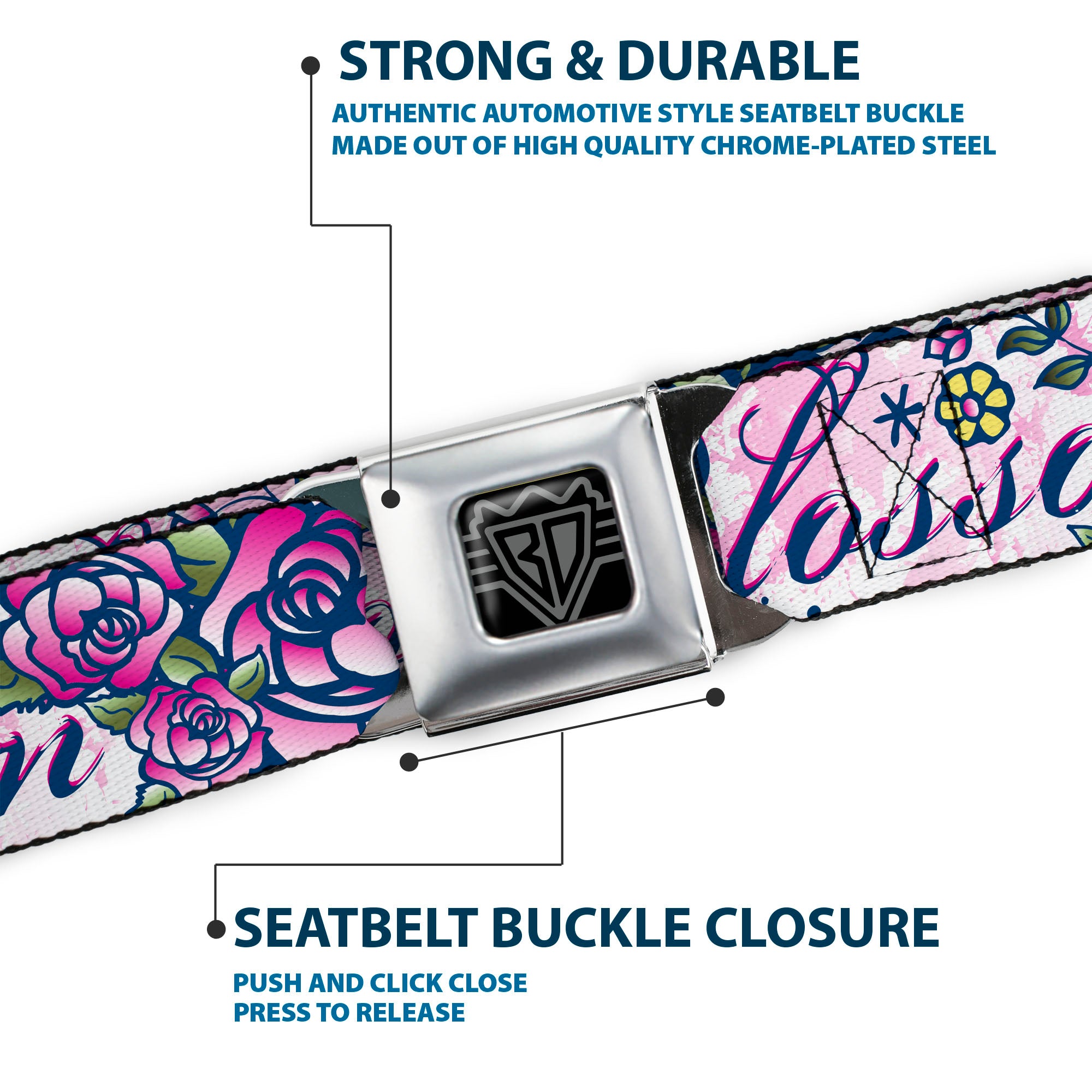 BD Wings Logo CLOSE-UP Full Color Black Silver Seatbelt Belt - Born to Blossom Blue Webbing Seatbelt Belts Buckle-Down