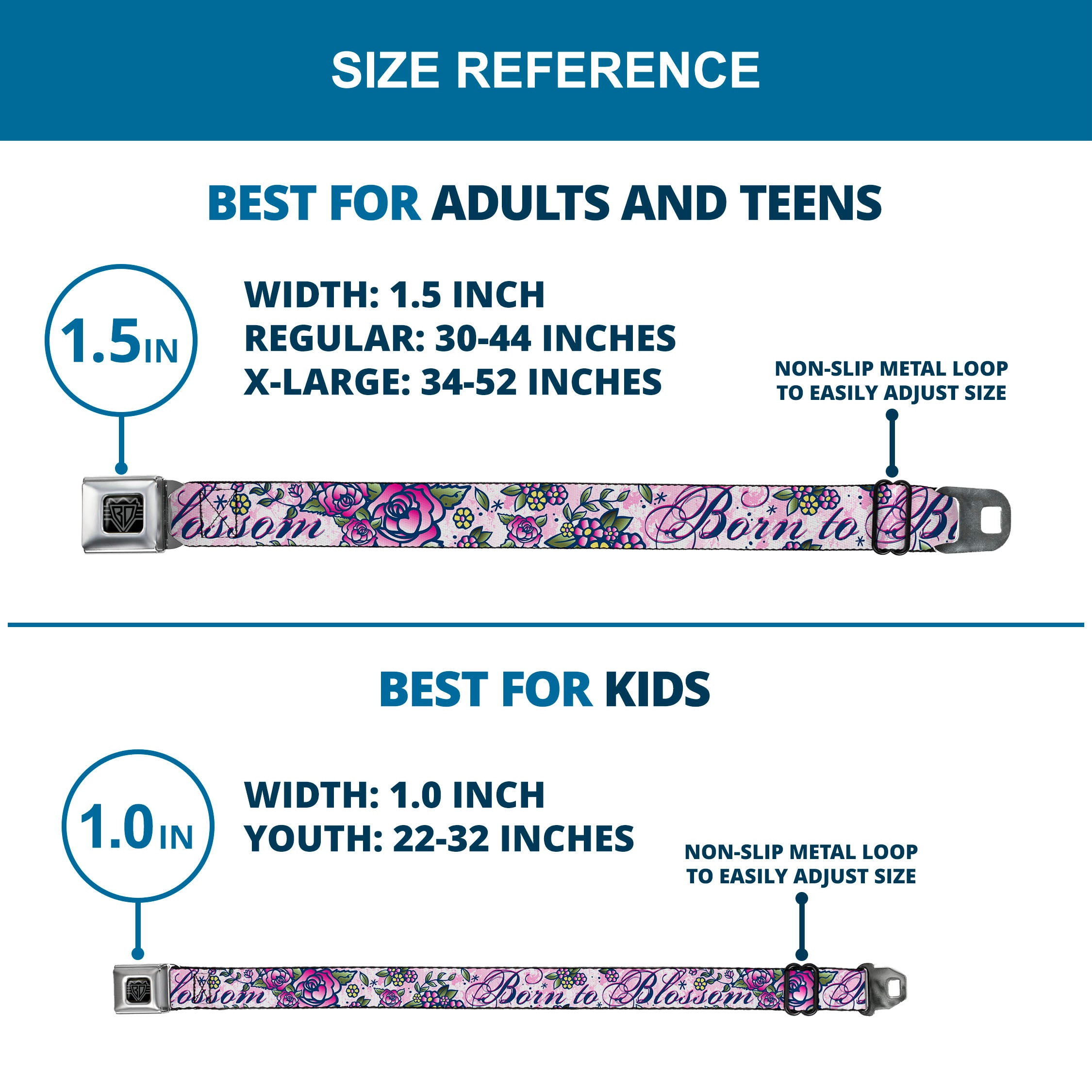 BD Wings Logo CLOSE-UP Full Color Black Silver Seatbelt Belt - Born to Blossom Blue Webbing Seatbelt Belts Buckle-Down