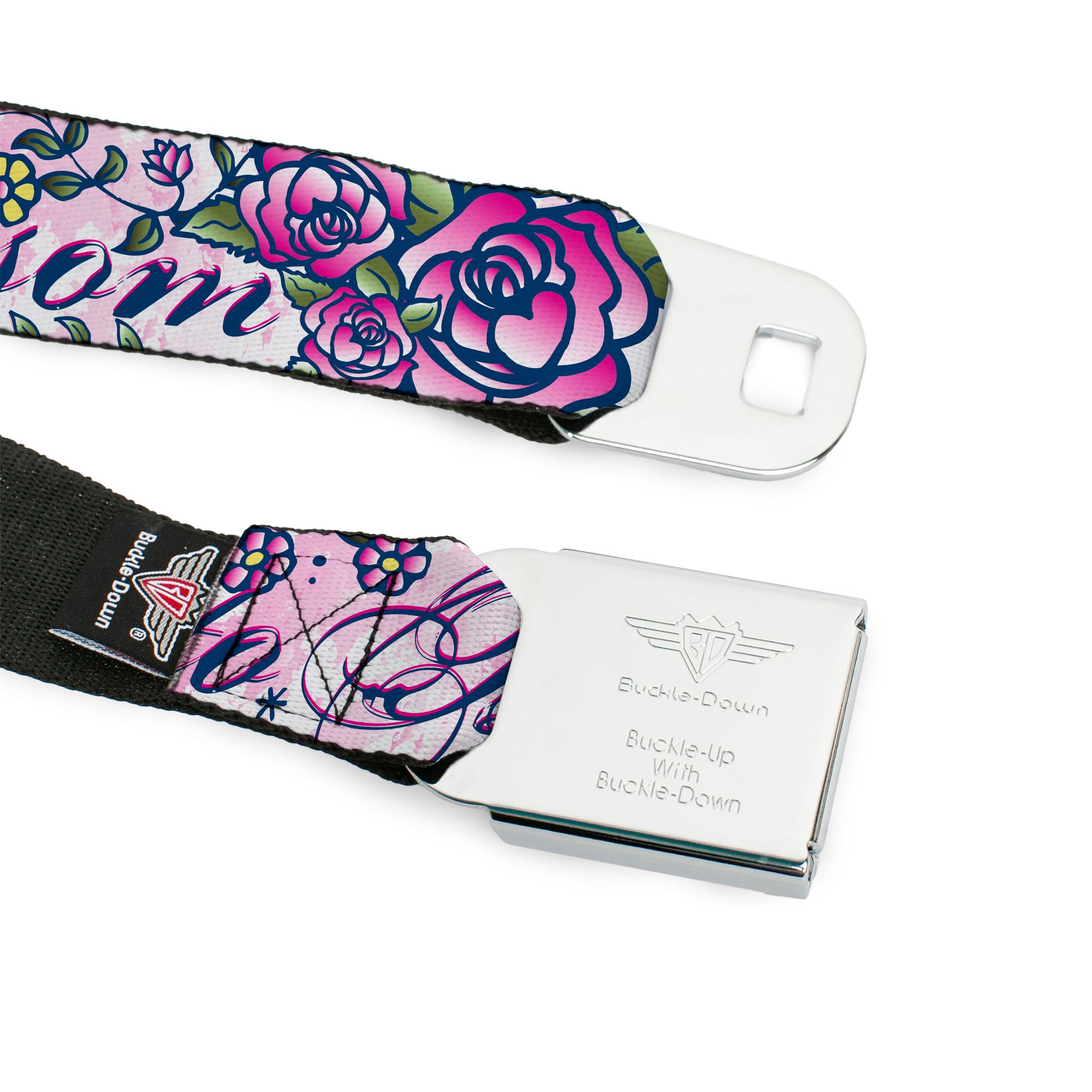 BD Wings Logo CLOSE-UP Full Color Black Silver Seatbelt Belt - Born to Blossom Blue Webbing Seatbelt Belts Buckle-Down