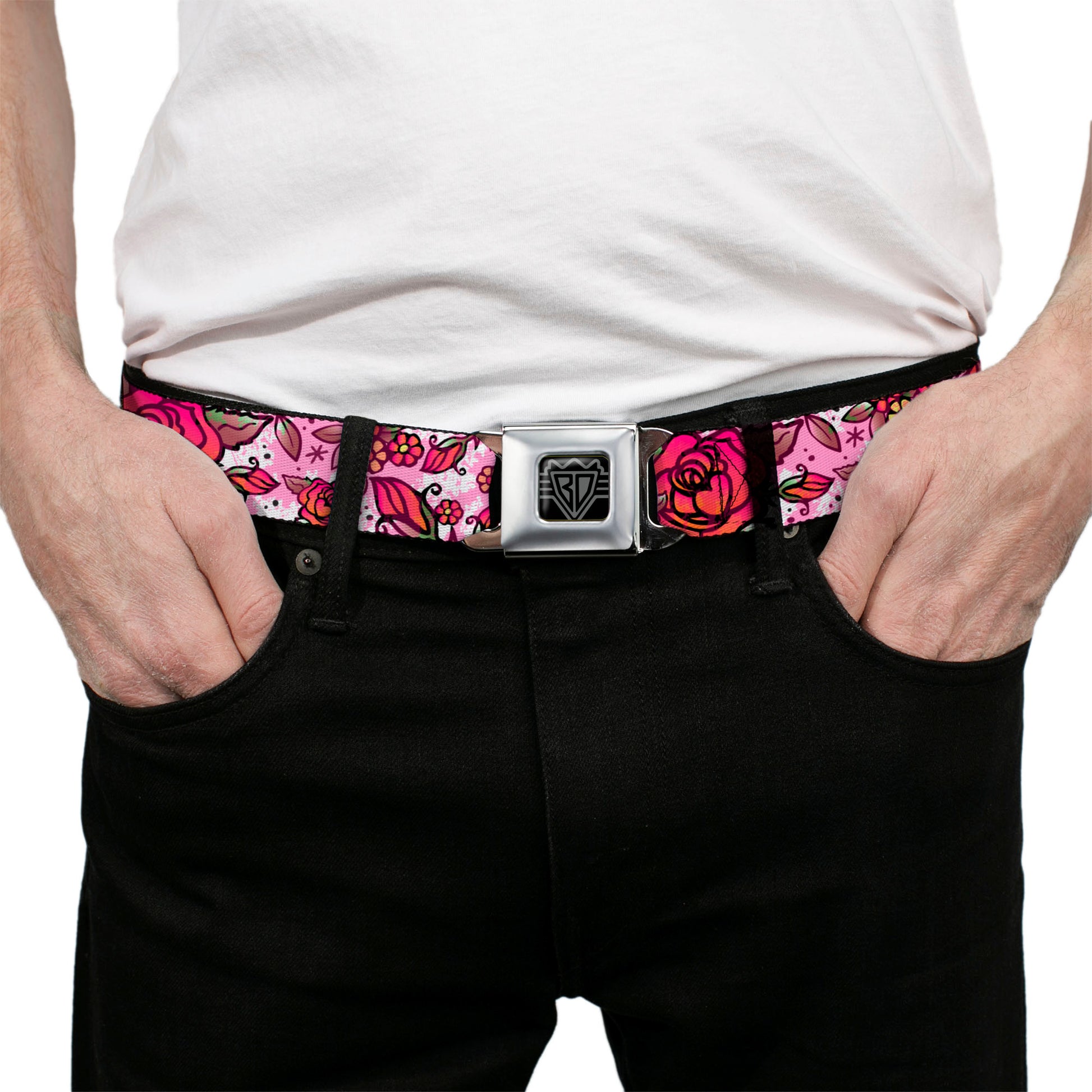 BD Wings Logo CLOSE-UP Full Color Black Silver Seatbelt Belt - Born to Blossom Pink Webbing Seatbelt Belts Buckle-Down