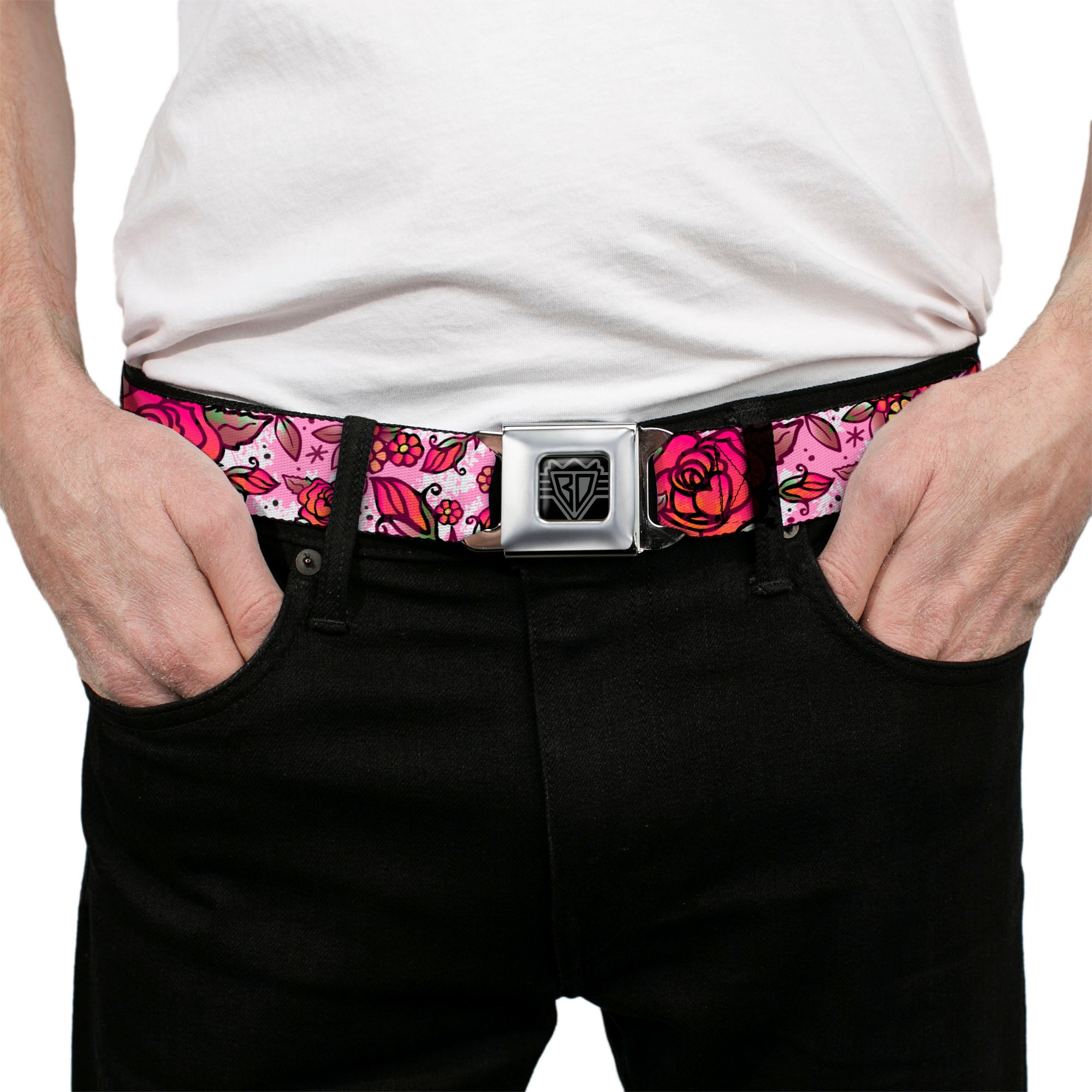 BD Wings Logo CLOSE-UP Full Color Black Silver Seatbelt Belt - Born to Blossom Pink Webbing Seatbelt Belts Buckle-Down