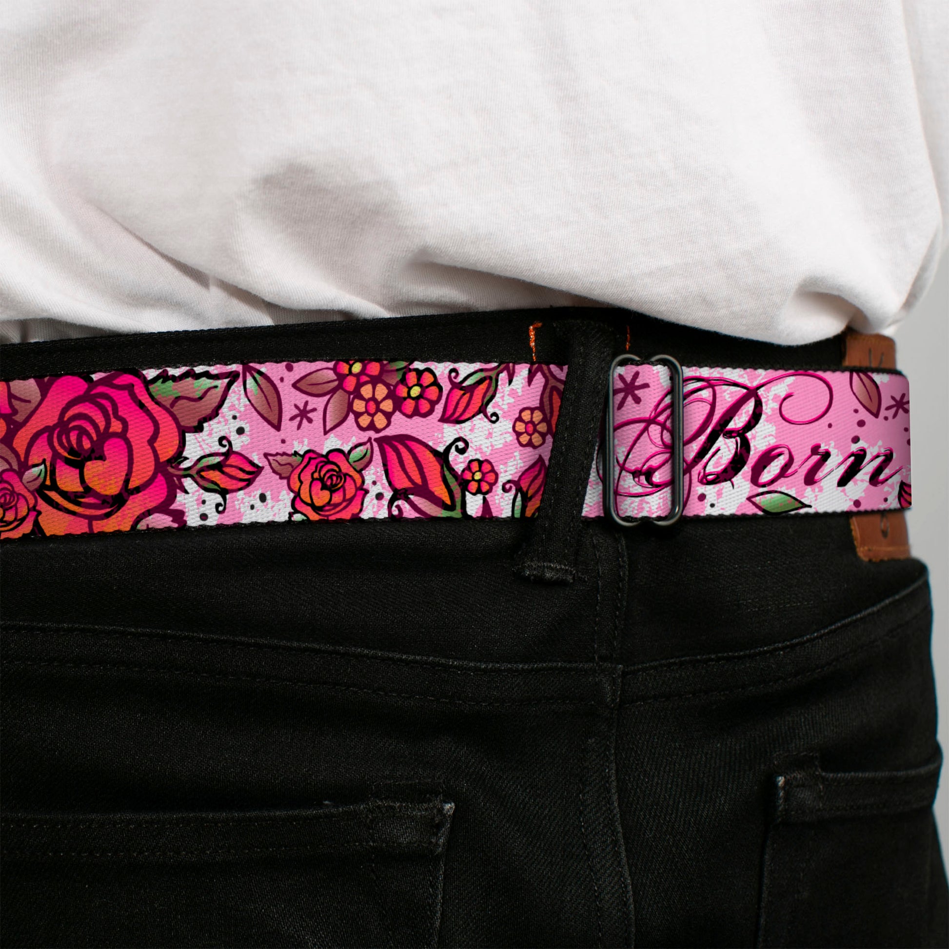 BD Wings Logo CLOSE-UP Full Color Black Silver Seatbelt Belt - Born to Blossom Pink Webbing Seatbelt Belts Buckle-Down