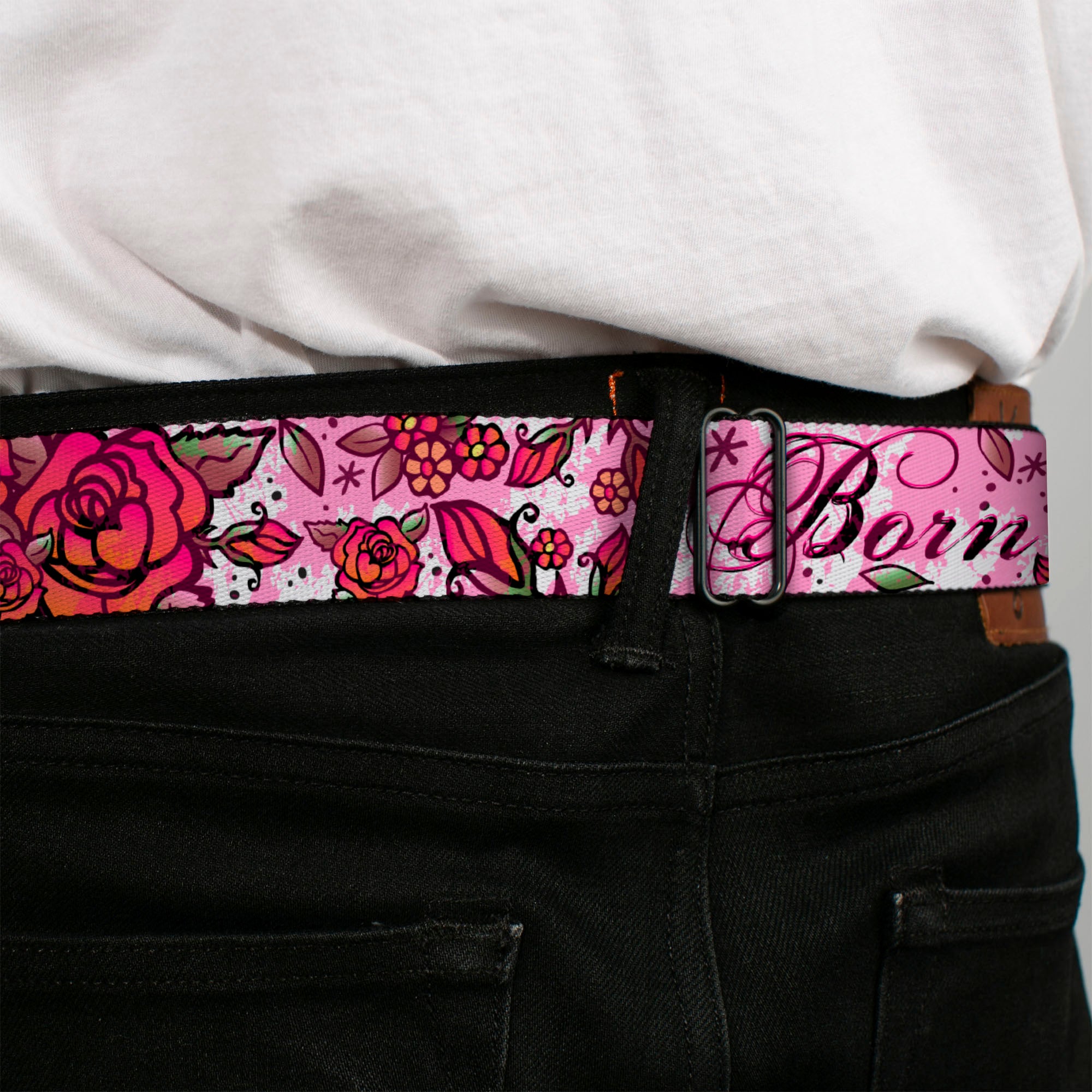 BD Wings Logo CLOSE-UP Full Color Black Silver Seatbelt Belt - Born to Blossom Pink Webbing Seatbelt Belts Buckle-Down