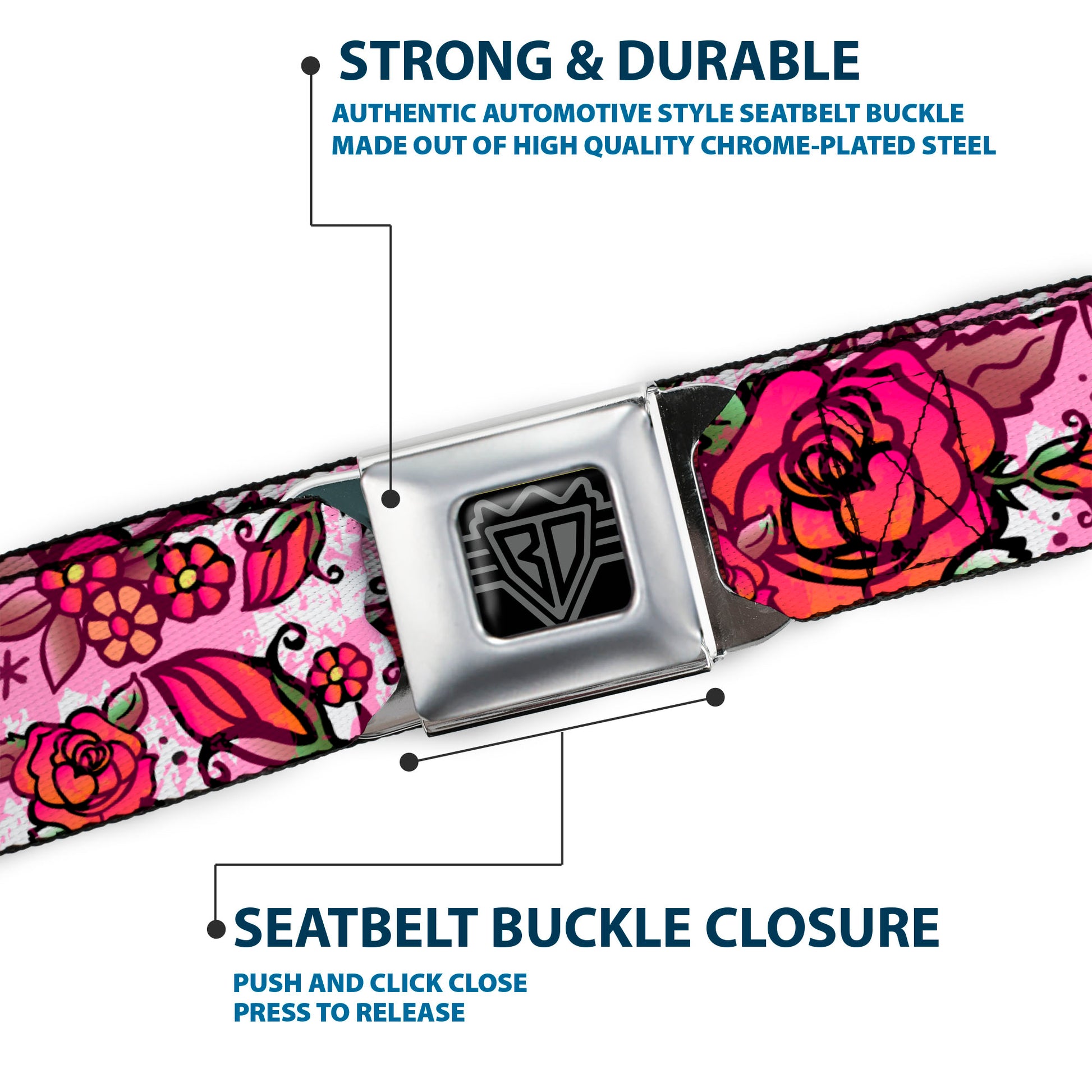 BD Wings Logo CLOSE-UP Full Color Black Silver Seatbelt Belt - Born to Blossom Pink Webbing Seatbelt Belts Buckle-Down