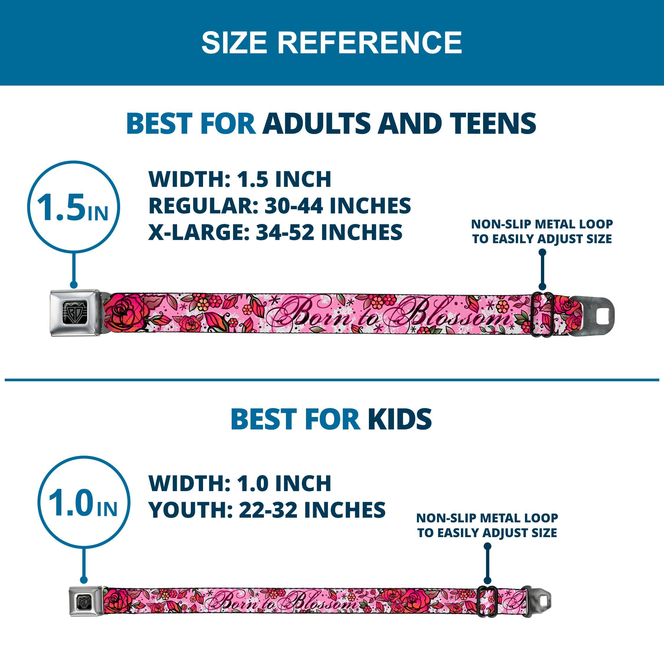 BD Wings Logo CLOSE-UP Full Color Black Silver Seatbelt Belt - Born to Blossom Pink Webbing Seatbelt Belts Buckle-Down