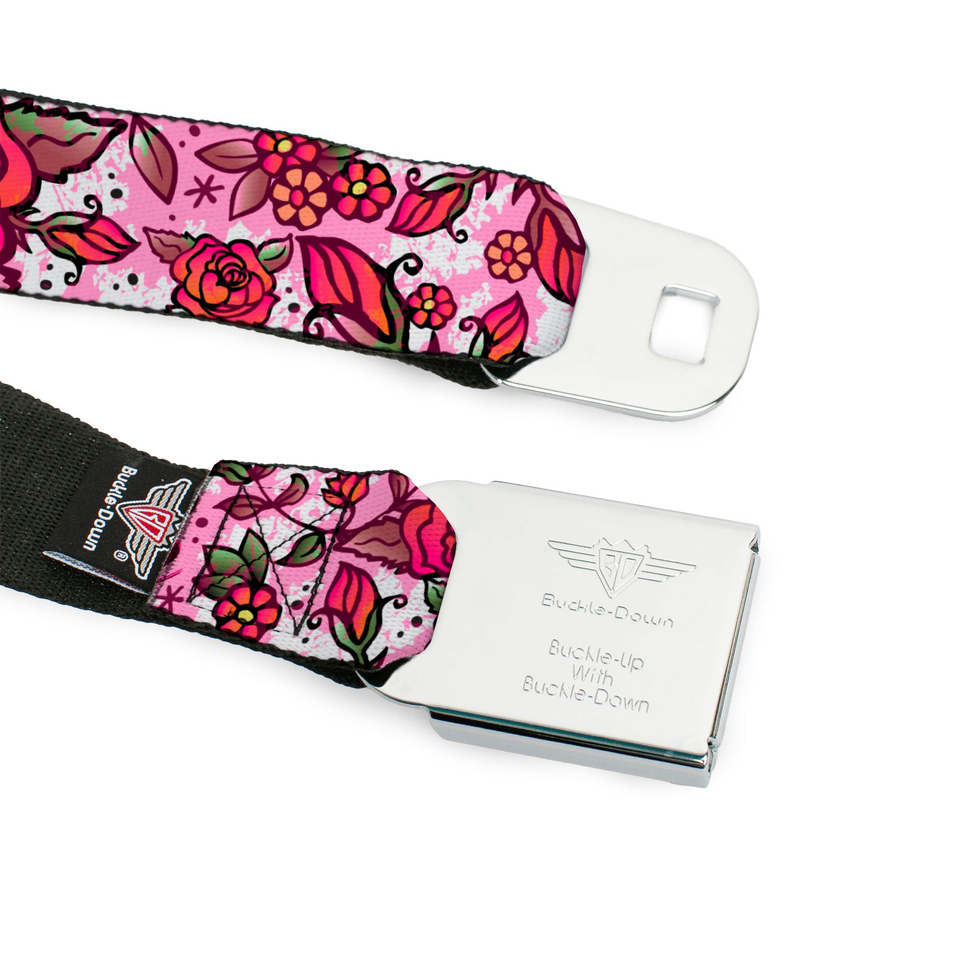 BD Wings Logo CLOSE-UP Full Color Black Silver Seatbelt Belt - Born to Blossom Pink Webbing Seatbelt Belts Buckle-Down