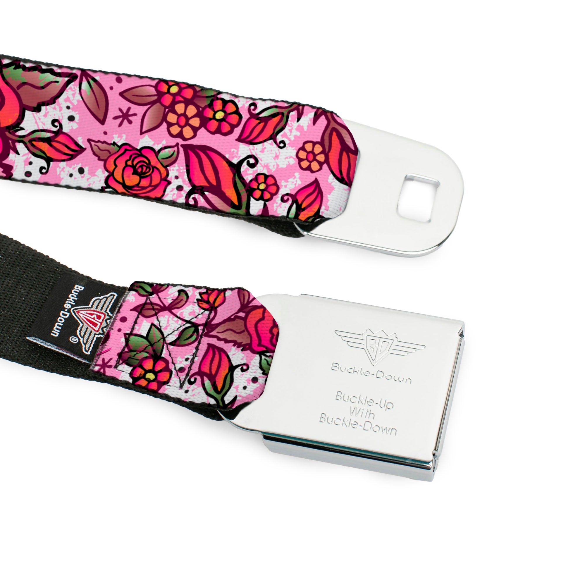 BD Wings Logo CLOSE-UP Full Color Black Silver Seatbelt Belt - Born to Blossom Pink Webbing Seatbelt Belts Buckle-Down