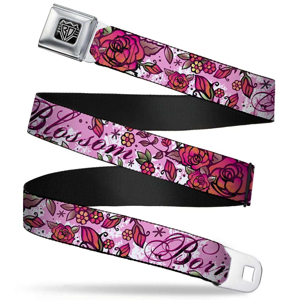 BD Wings Logo CLOSE-UP Full Color Black Silver Seatbelt Belt - Born to Blossom Pink Webbing Seatbelt Belts Buckle-Down