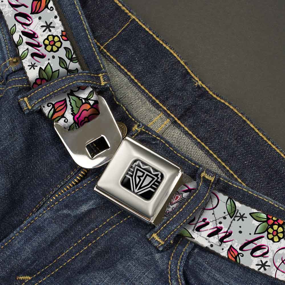 BD Wings Logo CLOSE-UP Full Color Black Silver Seatbelt Belt - Born to Blossom White Webbing Seatbelt Belts Buckle-Down