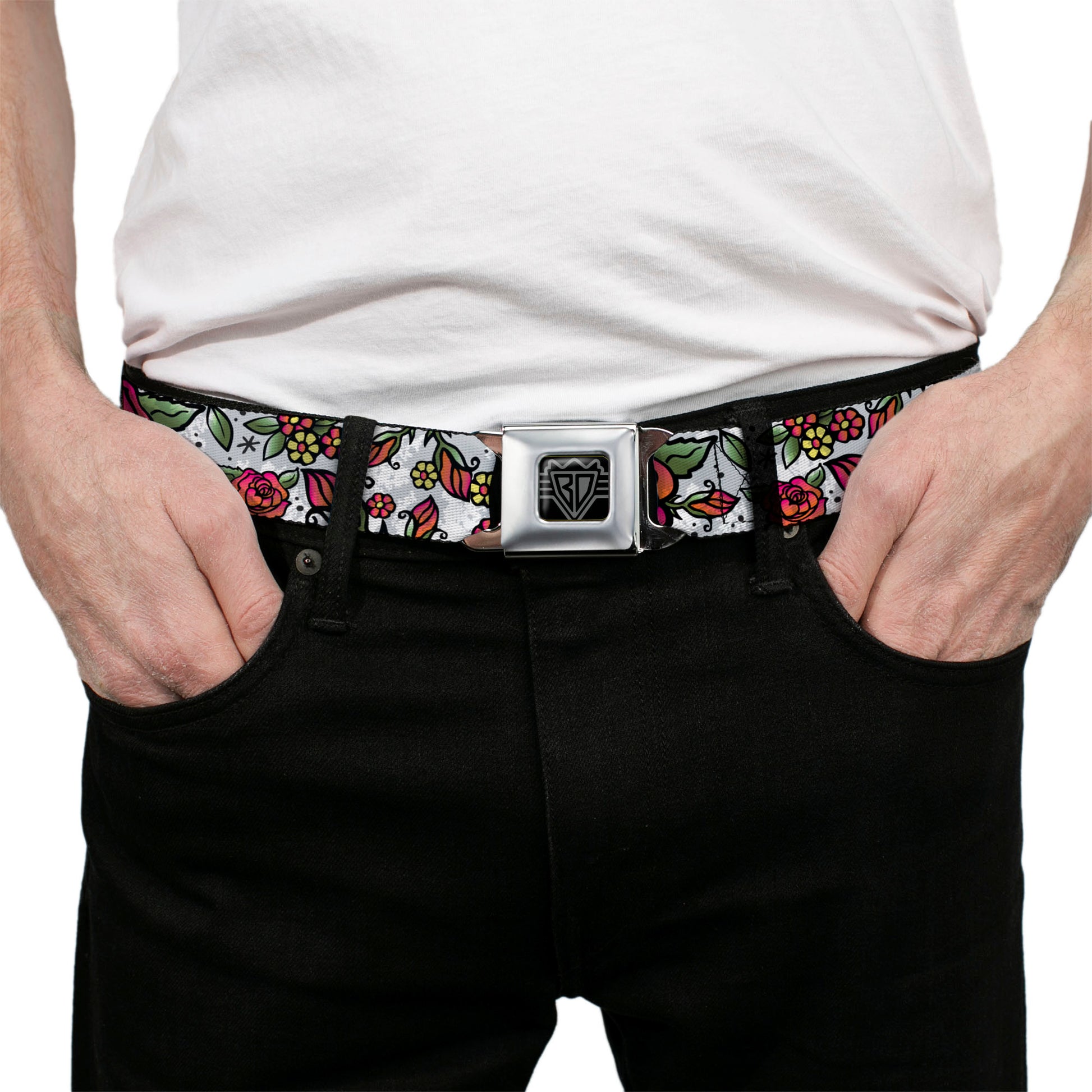 BD Wings Logo CLOSE-UP Full Color Black Silver Seatbelt Belt - Born to Blossom White Webbing Seatbelt Belts Buckle-Down