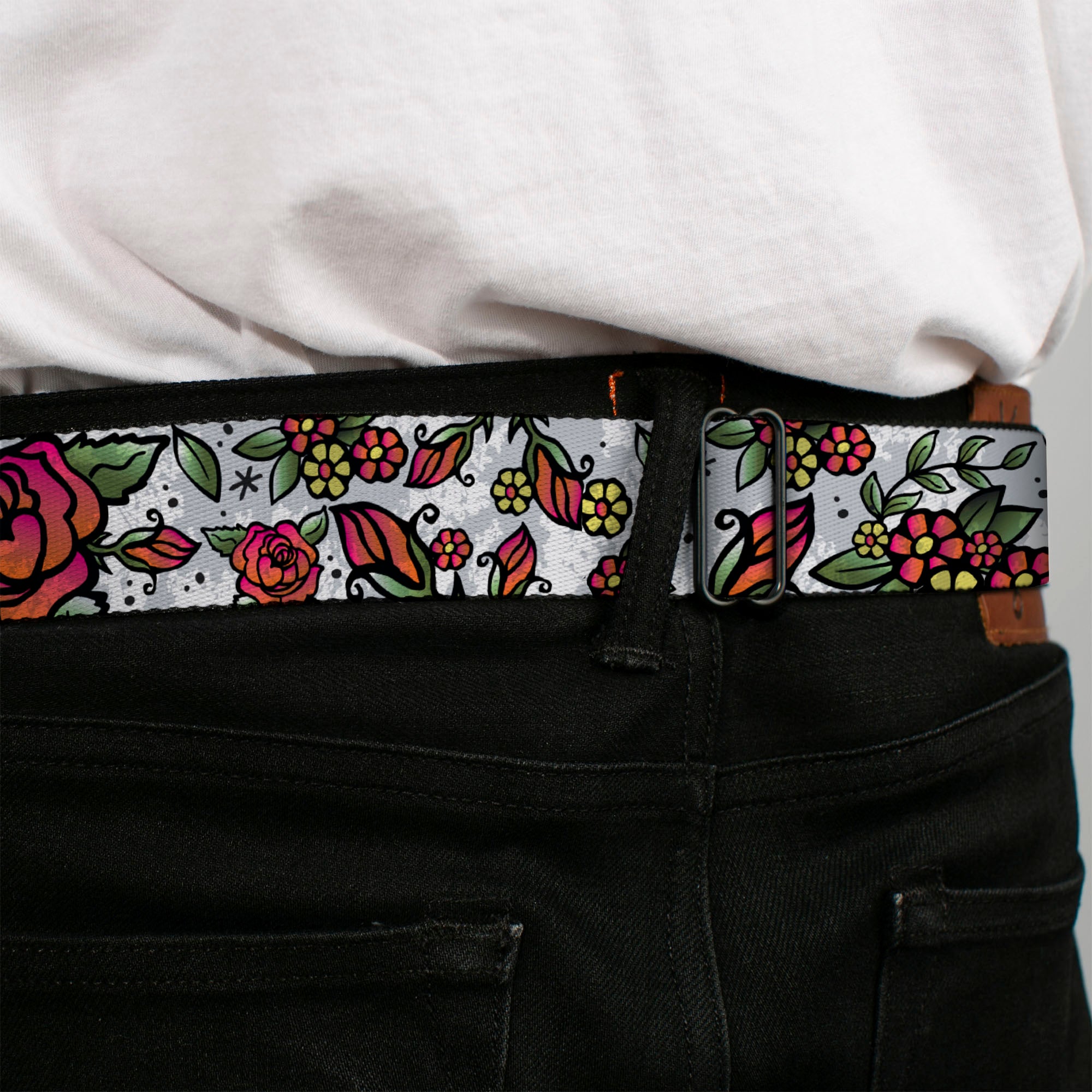 BD Wings Logo CLOSE-UP Full Color Black Silver Seatbelt Belt - Born to Blossom White Webbing Seatbelt Belts Buckle-Down
