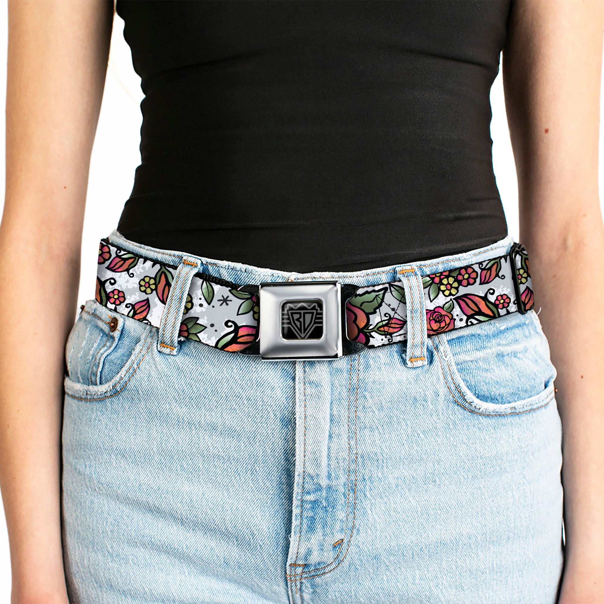 BD Wings Logo CLOSE-UP Full Color Black Silver Seatbelt Belt - Born to Blossom White Webbing Seatbelt Belts Buckle-Down