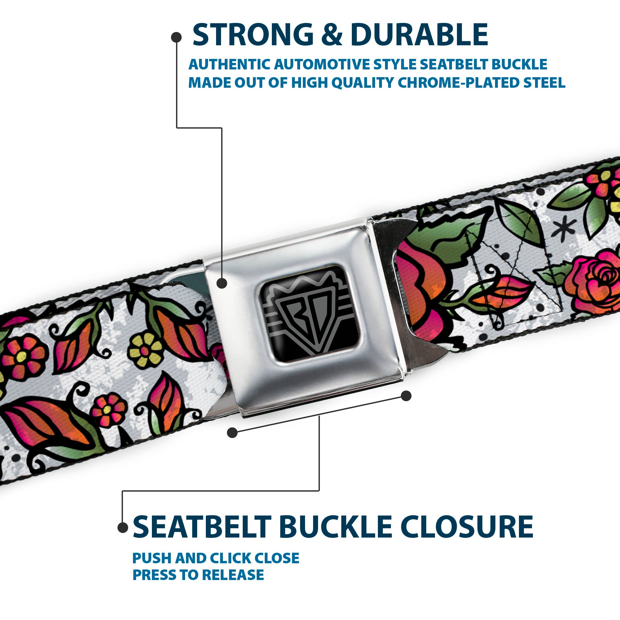 BD Wings Logo CLOSE-UP Full Color Black Silver Seatbelt Belt - Born to Blossom White Webbing Seatbelt Belts Buckle-Down