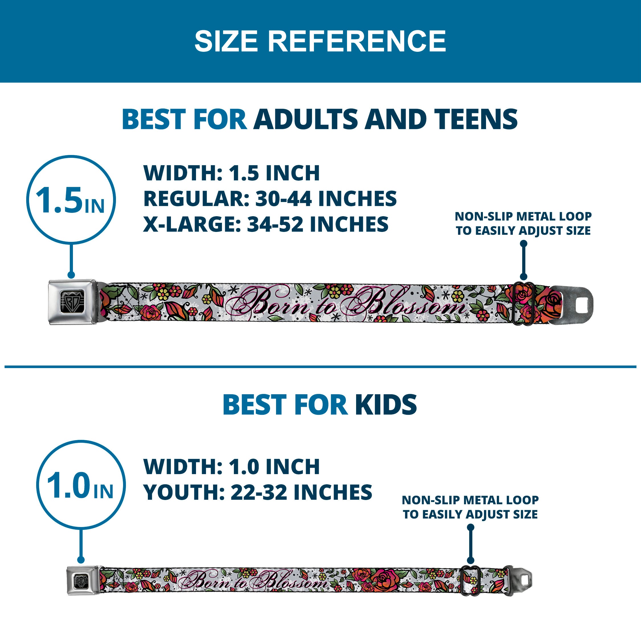 BD Wings Logo CLOSE-UP Full Color Black Silver Seatbelt Belt - Born to Blossom White Webbing Seatbelt Belts Buckle-Down