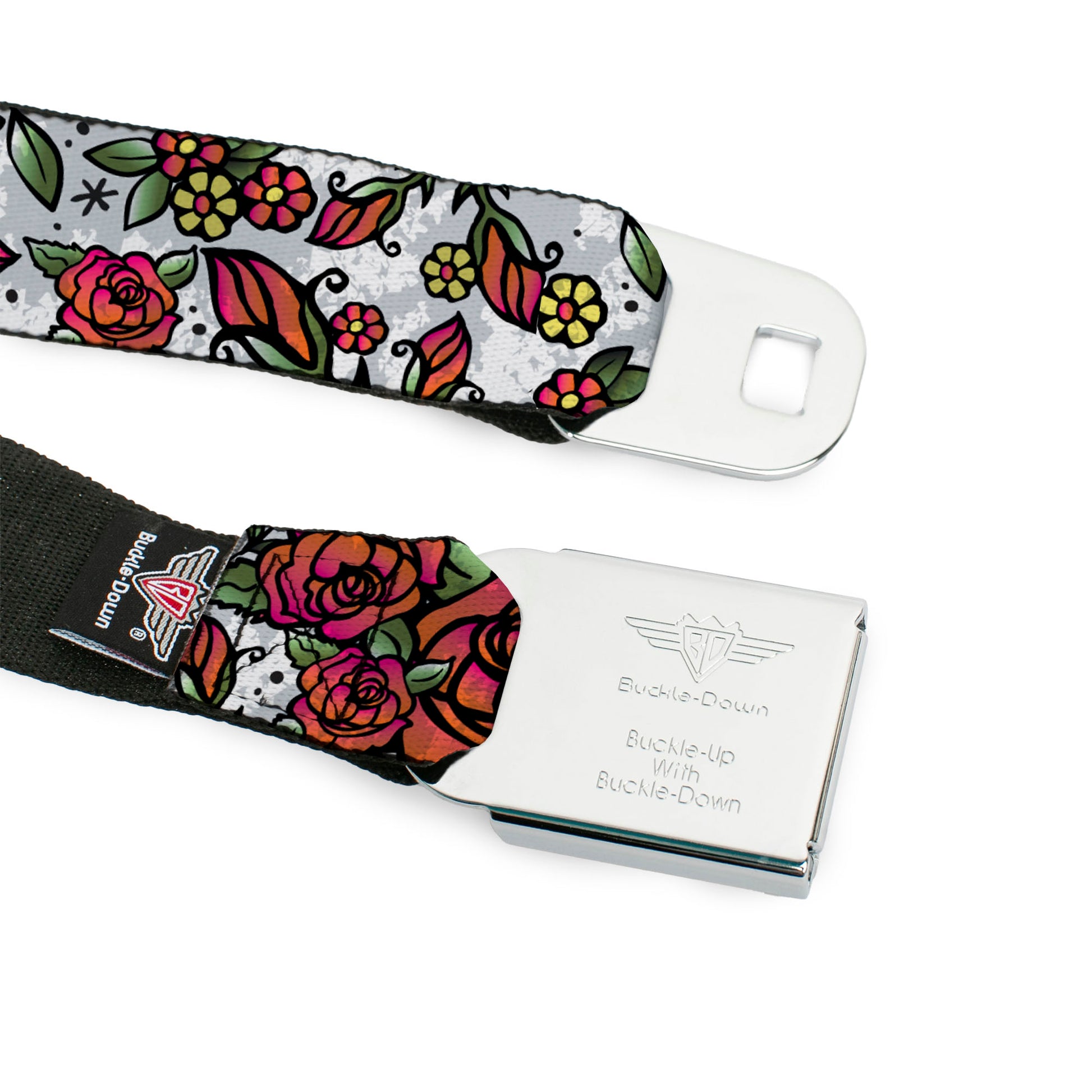 BD Wings Logo CLOSE-UP Full Color Black Silver Seatbelt Belt - Born to Blossom White Webbing Seatbelt Belts Buckle-Down