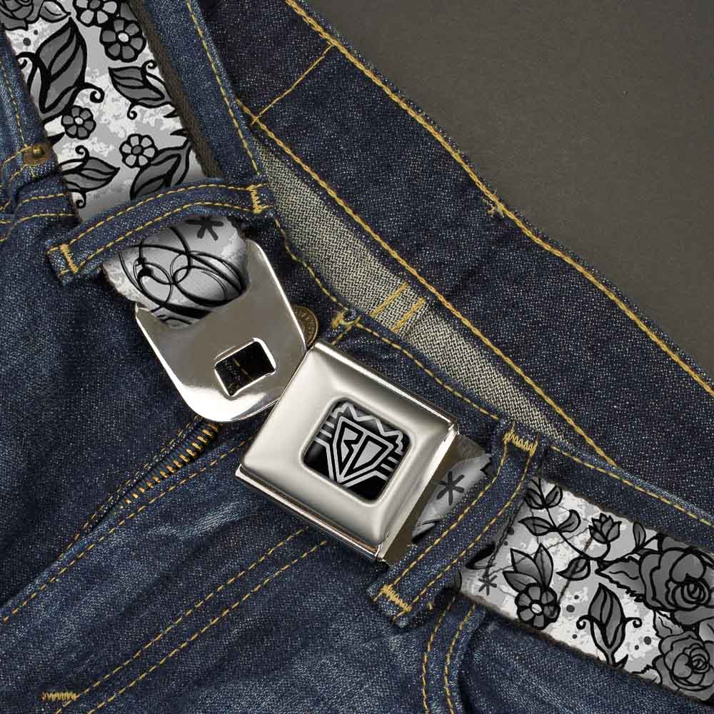 BD Wings Logo CLOSE-UP Full Color Black Silver Seatbelt Belt - Born to Blossom Black/White Webbing Seatbelt Belts Buckle-Down