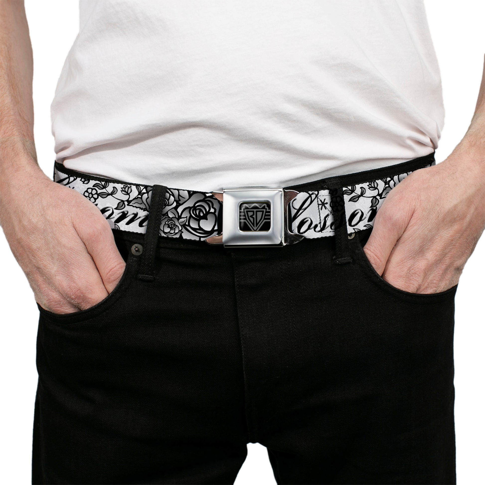 BD Wings Logo CLOSE-UP Full Color Black Silver Seatbelt Belt - Born to Blossom Black/White Webbing Seatbelt Belts Buckle-Down