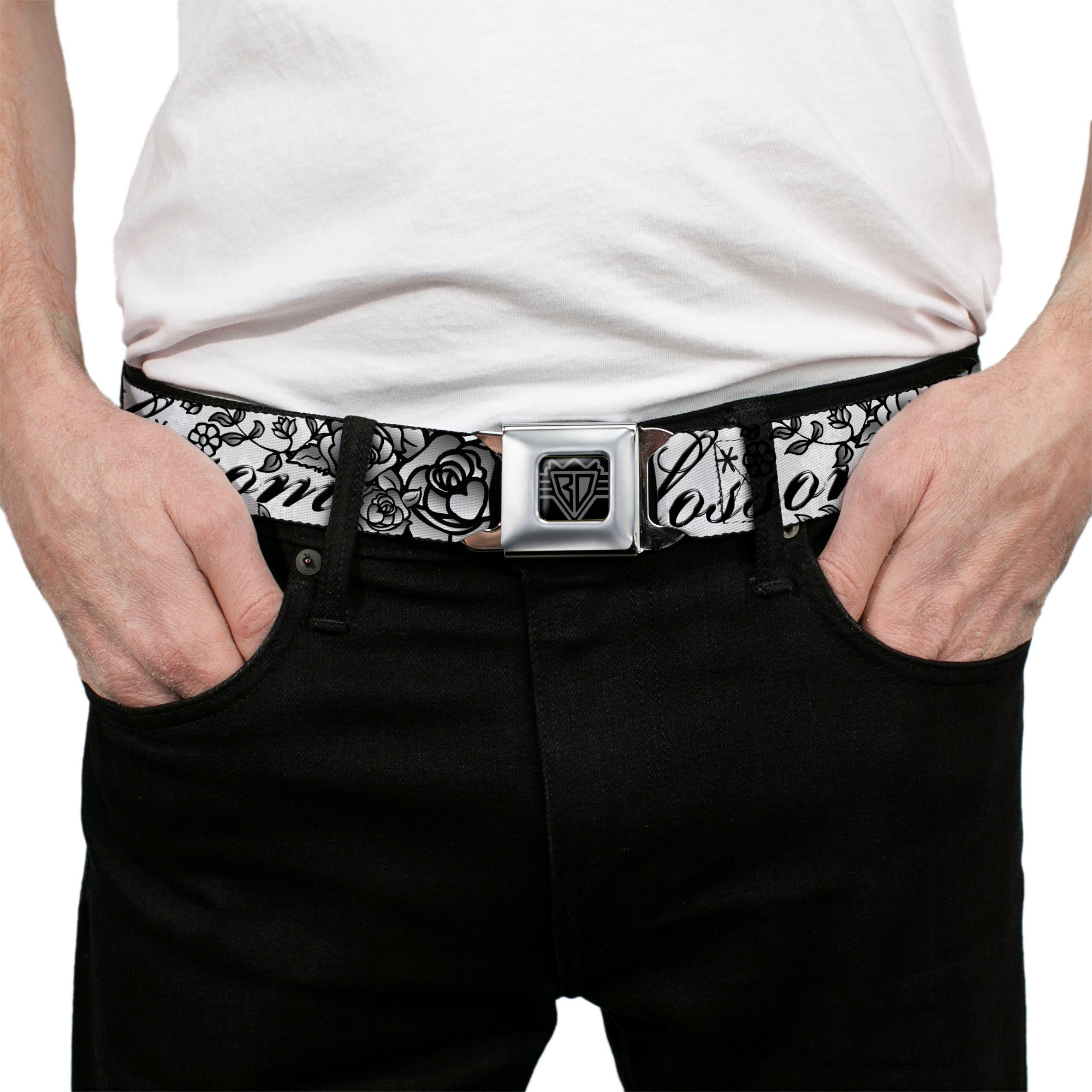 BD Wings Logo CLOSE-UP Full Color Black Silver Seatbelt Belt - Born to Blossom Black/White Webbing Seatbelt Belts Buckle-Down