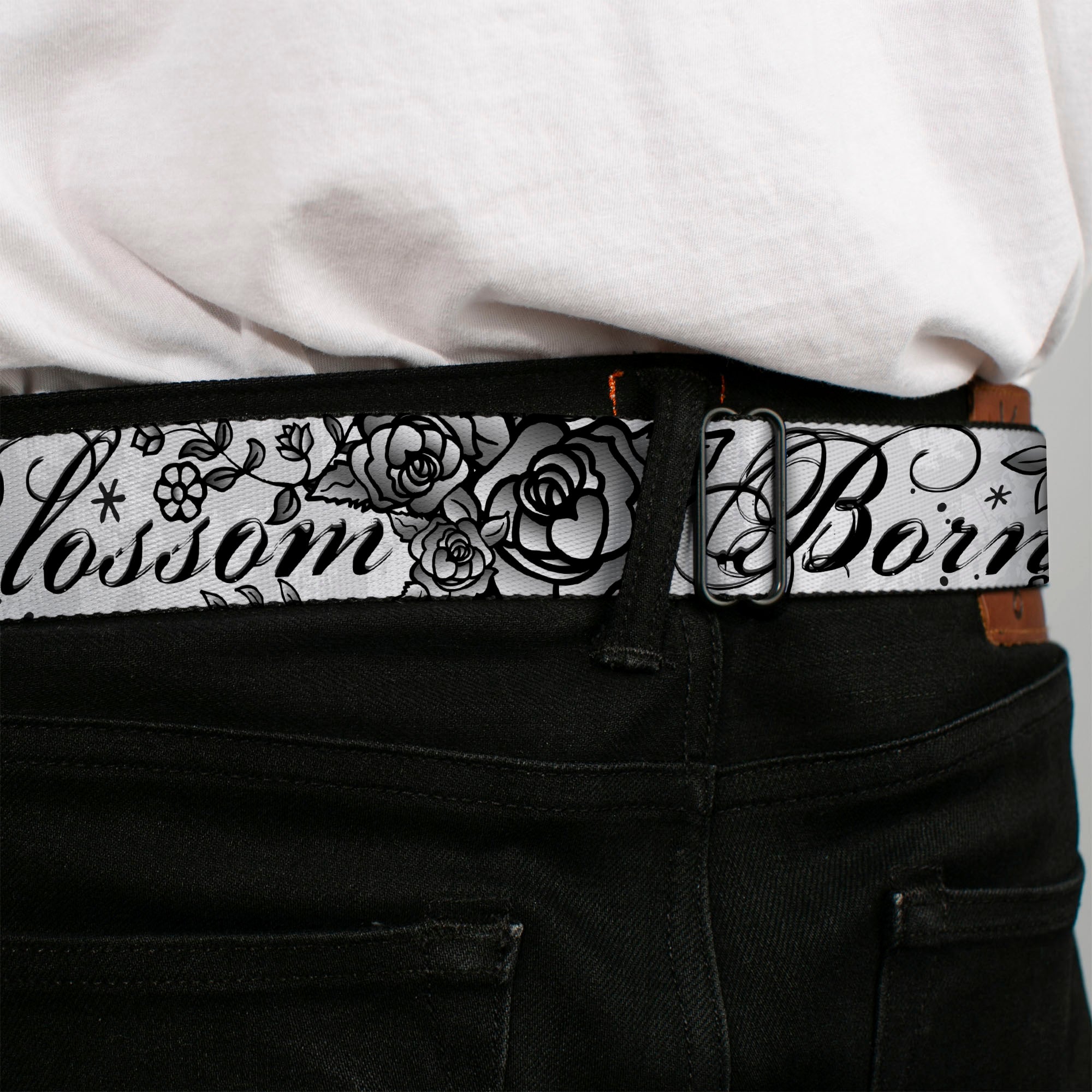 BD Wings Logo CLOSE-UP Full Color Black Silver Seatbelt Belt - Born to Blossom Black/White Webbing Seatbelt Belts Buckle-Down