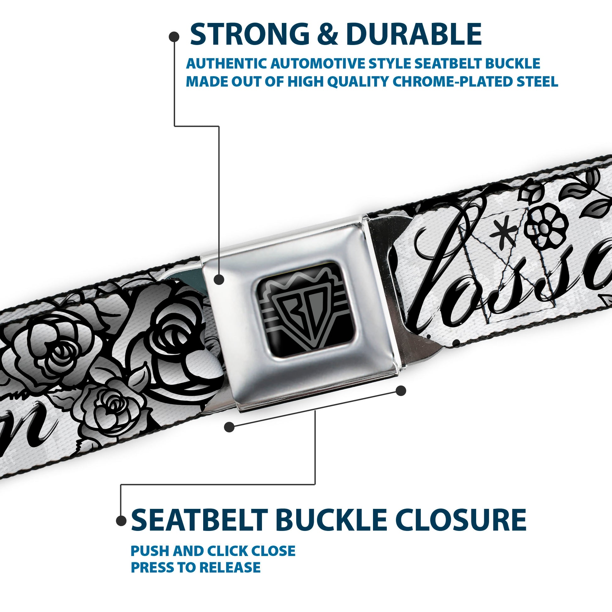 BD Wings Logo CLOSE-UP Full Color Black Silver Seatbelt Belt - Born to Blossom Black/White Webbing Seatbelt Belts Buckle-Down