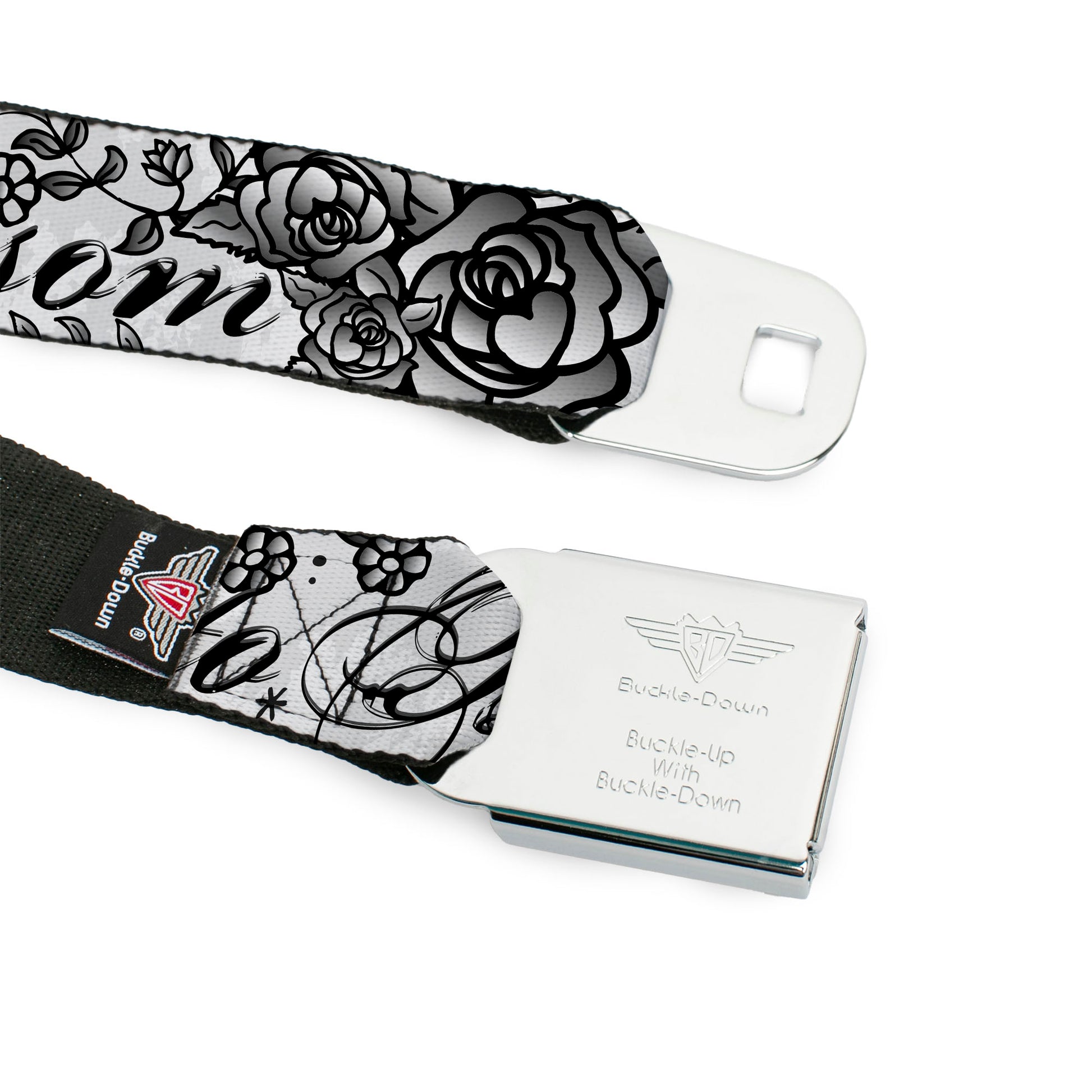 BD Wings Logo CLOSE-UP Full Color Black Silver Seatbelt Belt - Born to Blossom Black/White Webbing Seatbelt Belts Buckle-Down