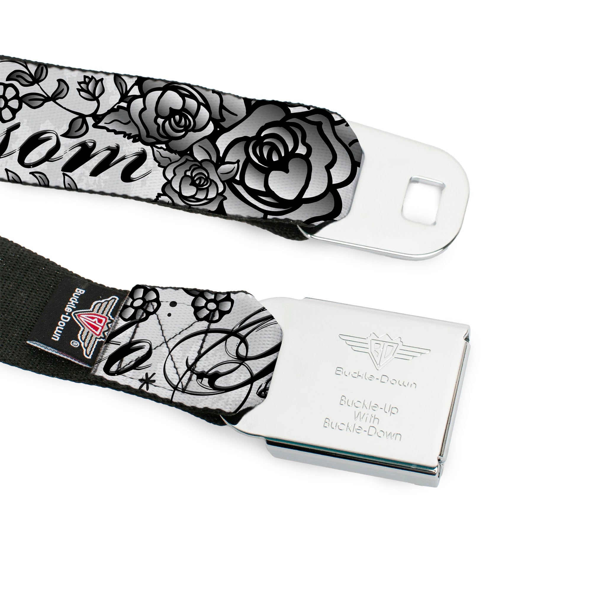 BD Wings Logo CLOSE-UP Full Color Black Silver Seatbelt Belt - Born to Blossom Black/White Webbing Seatbelt Belts Buckle-Down