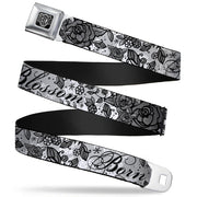 BD Wings Logo CLOSE-UP Full Color Black Silver Seatbelt Belt - Born to Blossom Black/White Webbing Seatbelt Belts Buckle-Down