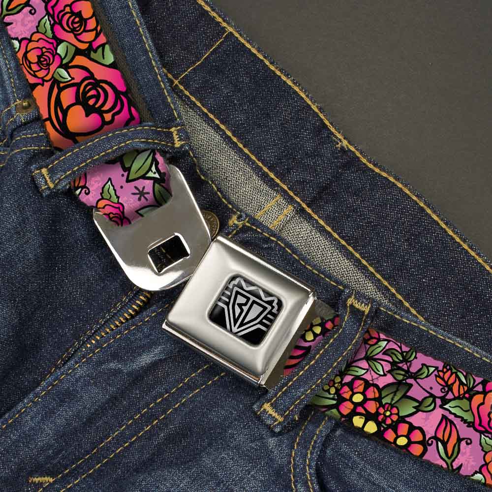 BD Wings Logo CLOSE-UP Full Color Black Silver Seatbelt Belt - Born to Blossom CLOSE-UP Pink Webbing Seatbelt Belts Buckle-Down