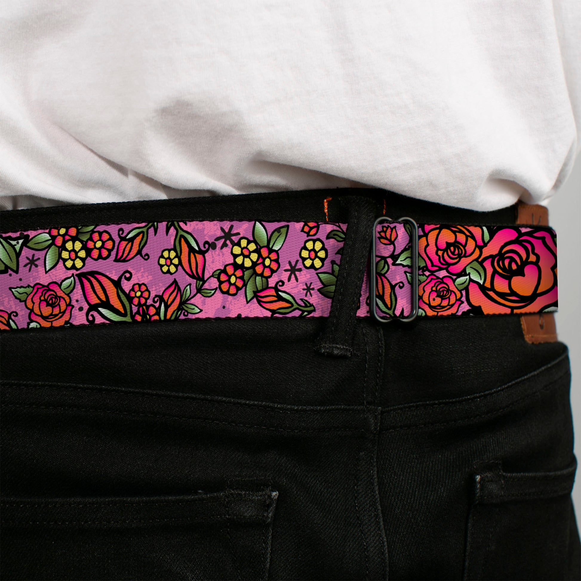 BD Wings Logo CLOSE-UP Full Color Black Silver Seatbelt Belt - Born to Blossom CLOSE-UP Pink Webbing Seatbelt Belts Buckle-Down